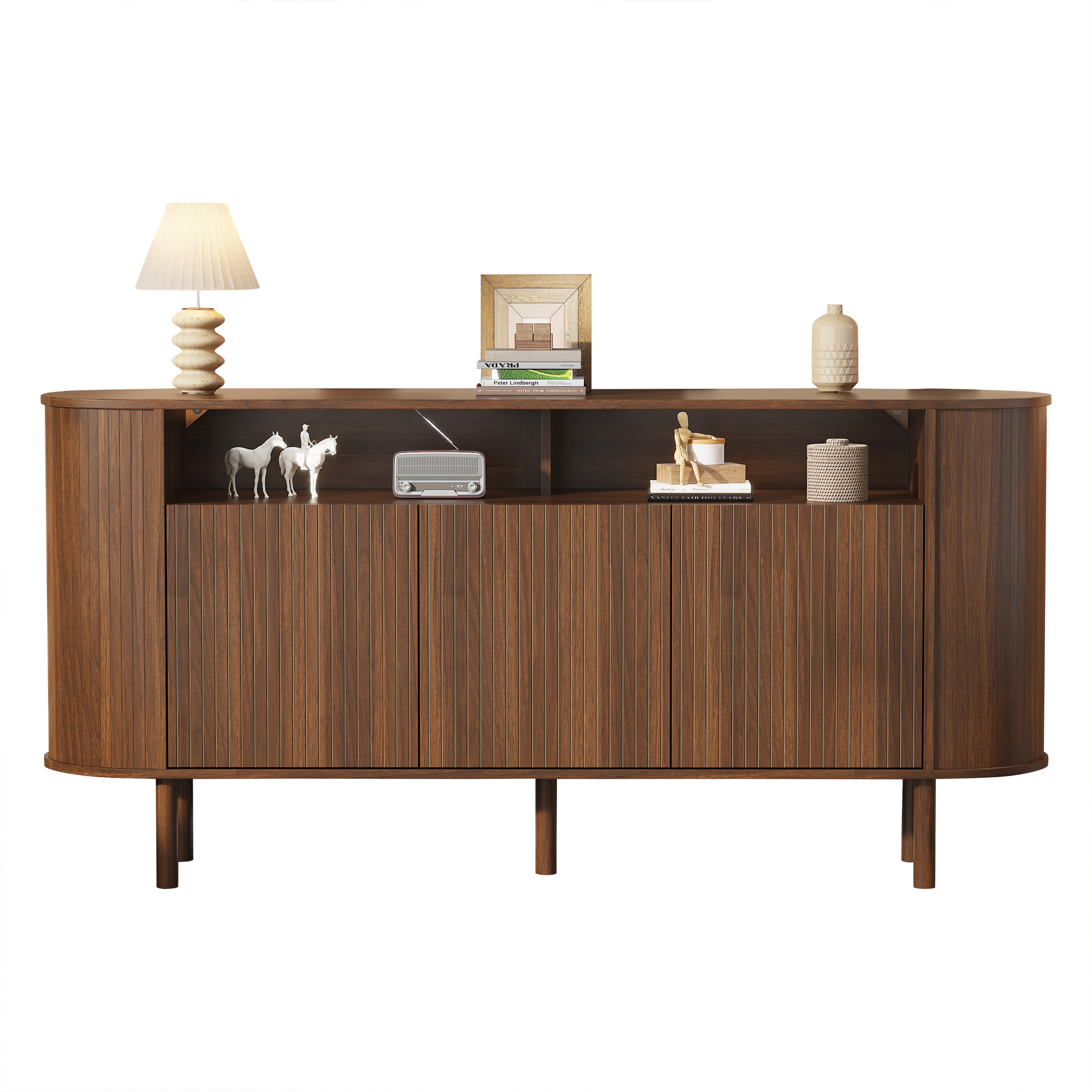 Buffet bas 160 cm, meuble de rangement avec 3 portes, 2 niches, façades rainurées, panneaux de particules, Effet noyer