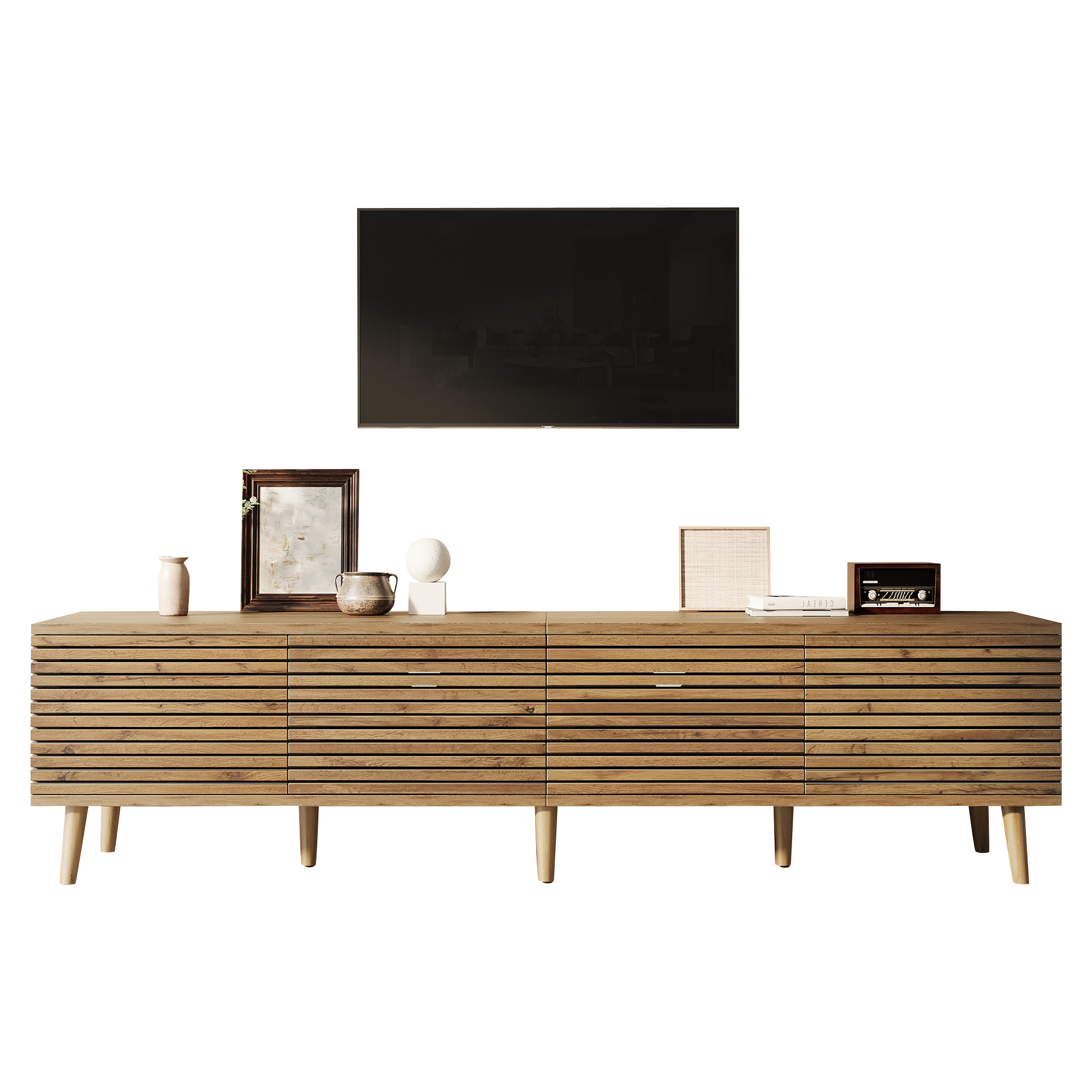 Meuble TV 180 cm, meuble bas de salon avec 4 portes, 6 compartiments, passe-câbles, façades à lattes, Effet bois naturel