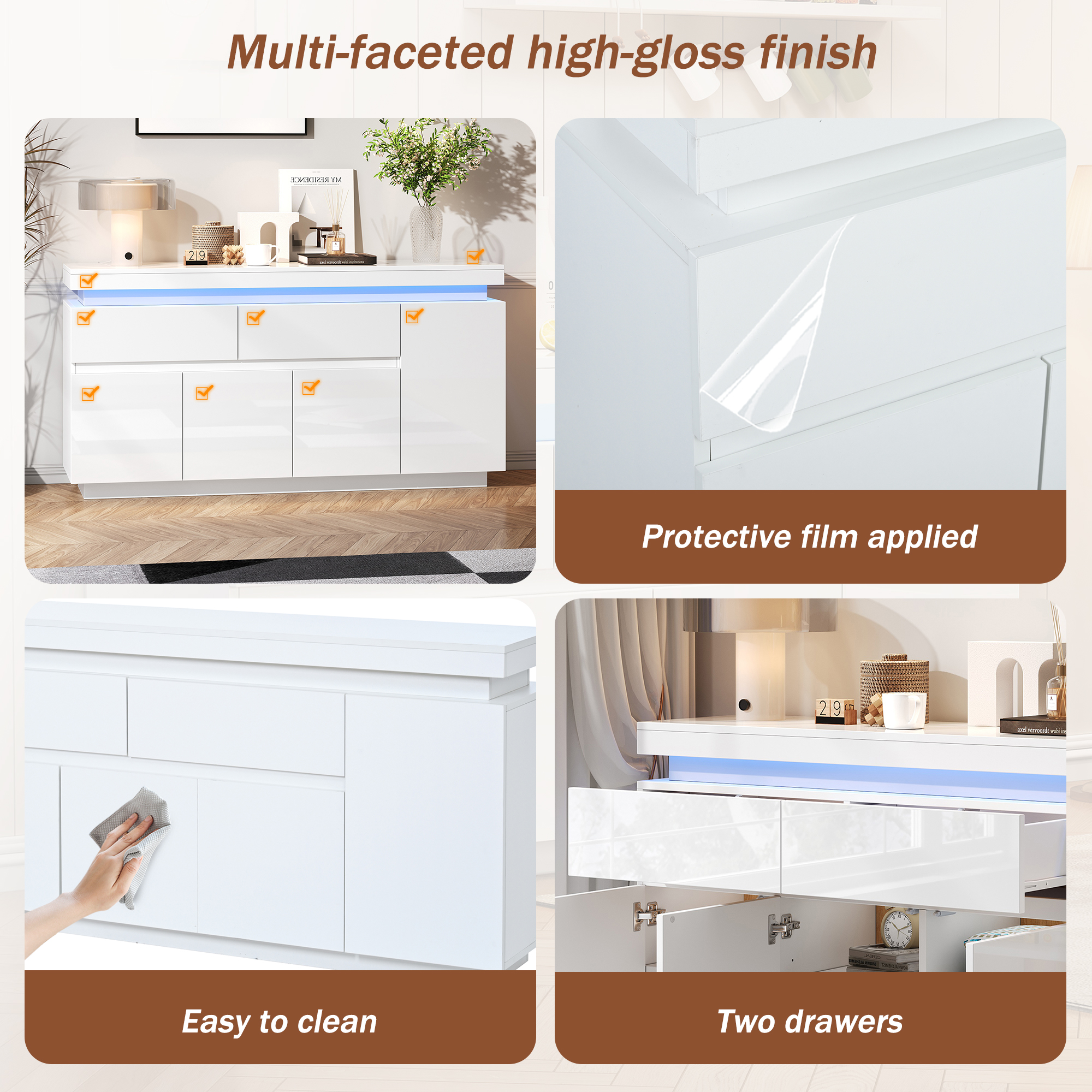 Buffet 140 x 35 x 72,5 cm, 4 portes, 2 tiroirs, LED, étagères réglables, panneaux de particules, Blanc - dimensions et spécifications