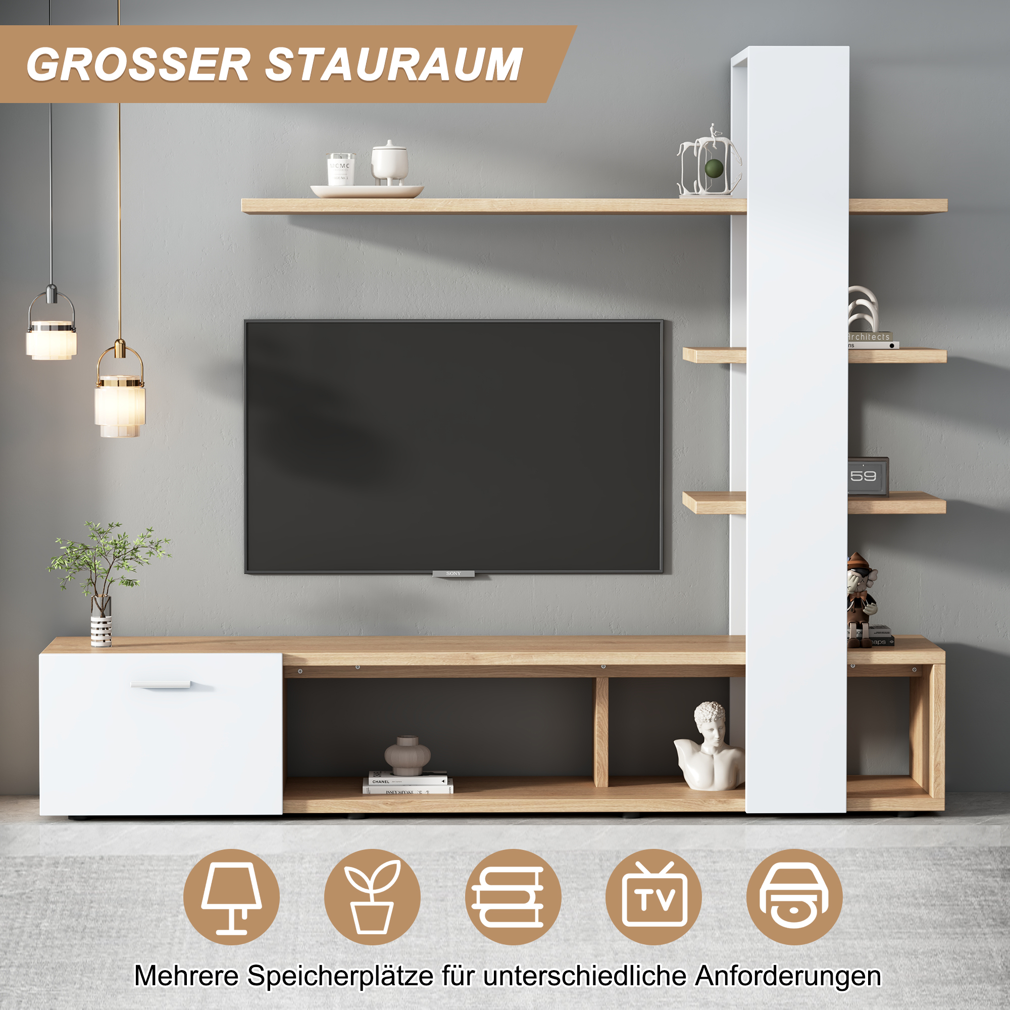 Meuble TV mural blanc bois 180 cm - vue 6