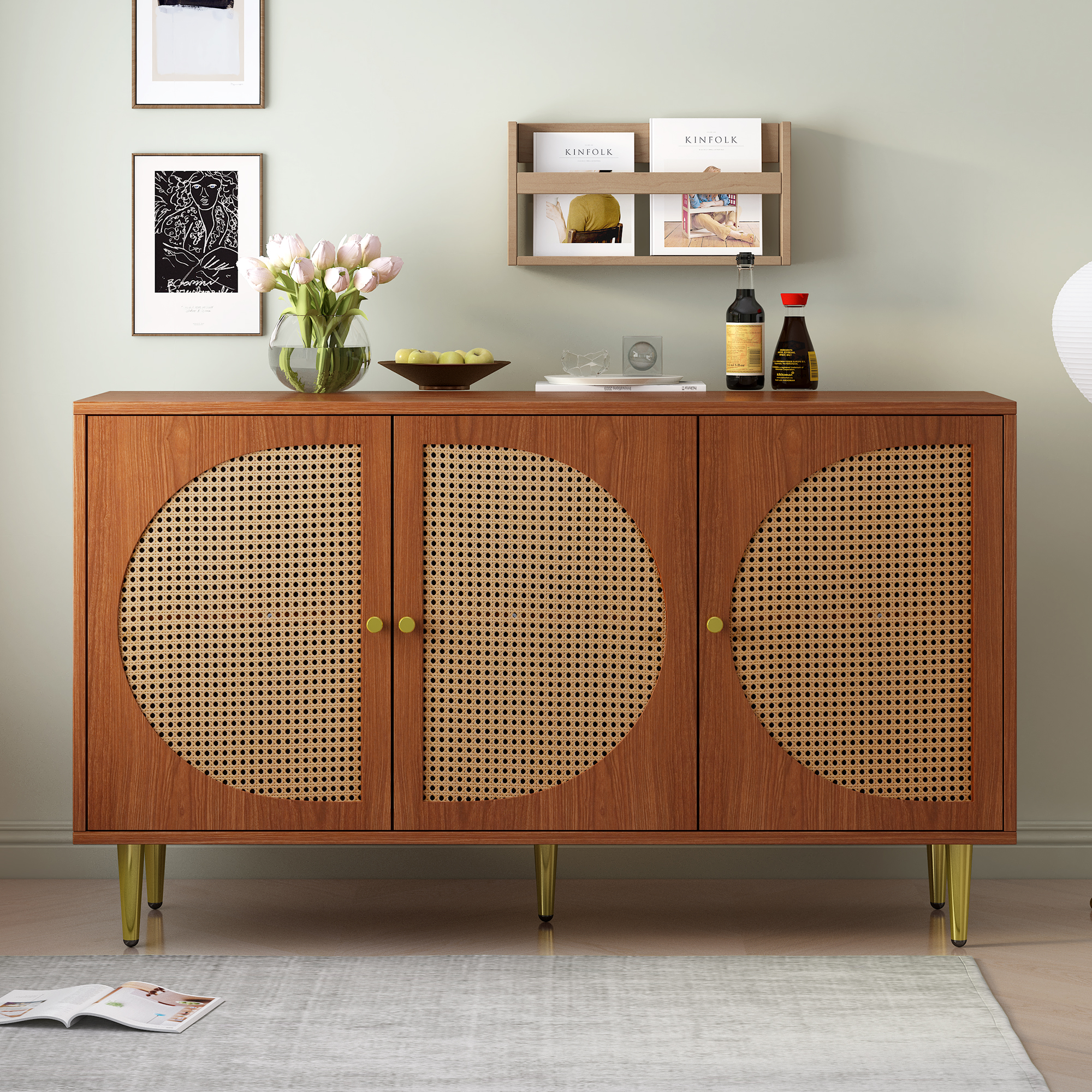 Buffet noyer 3 portes rotin - vue 4