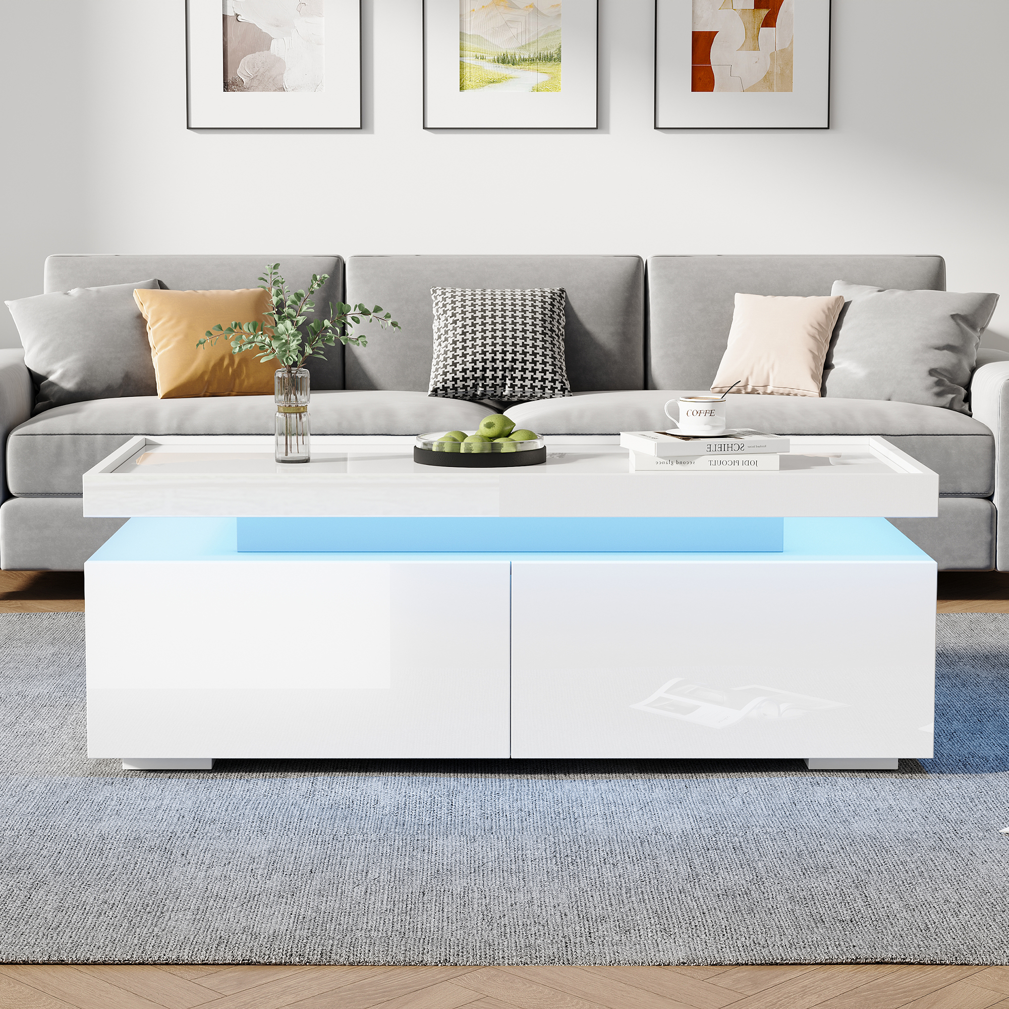 Table basse, table de salon 95 x 45 x 35 cm avec 2 tiroirs, éclairage LED, finition partiellement brillante, panneaux de particules, Blanc
