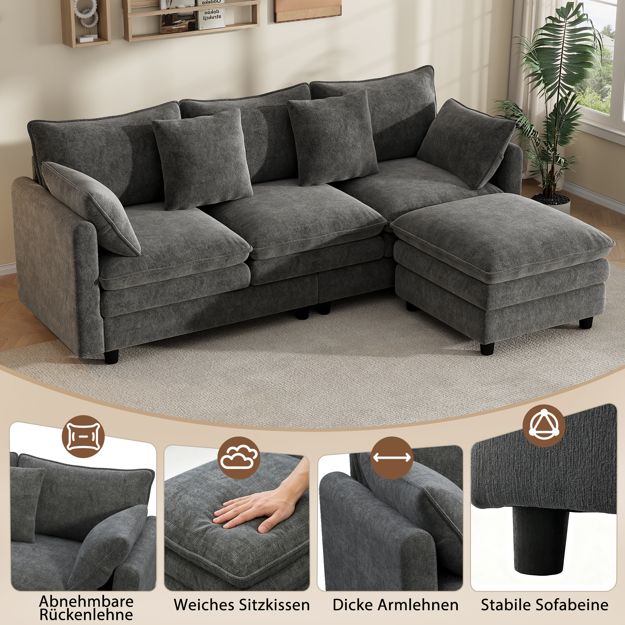 Canapé d’angle en L 3 places 212 x 150 x 90 cm, en chenille, Gris - vue principale