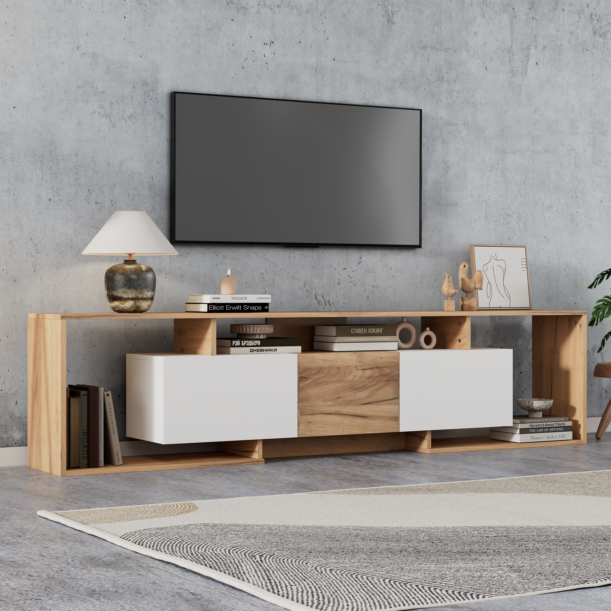 TV-Schrank, Lowboard mit 2 Klapptüren, 1 Drehtür, 
