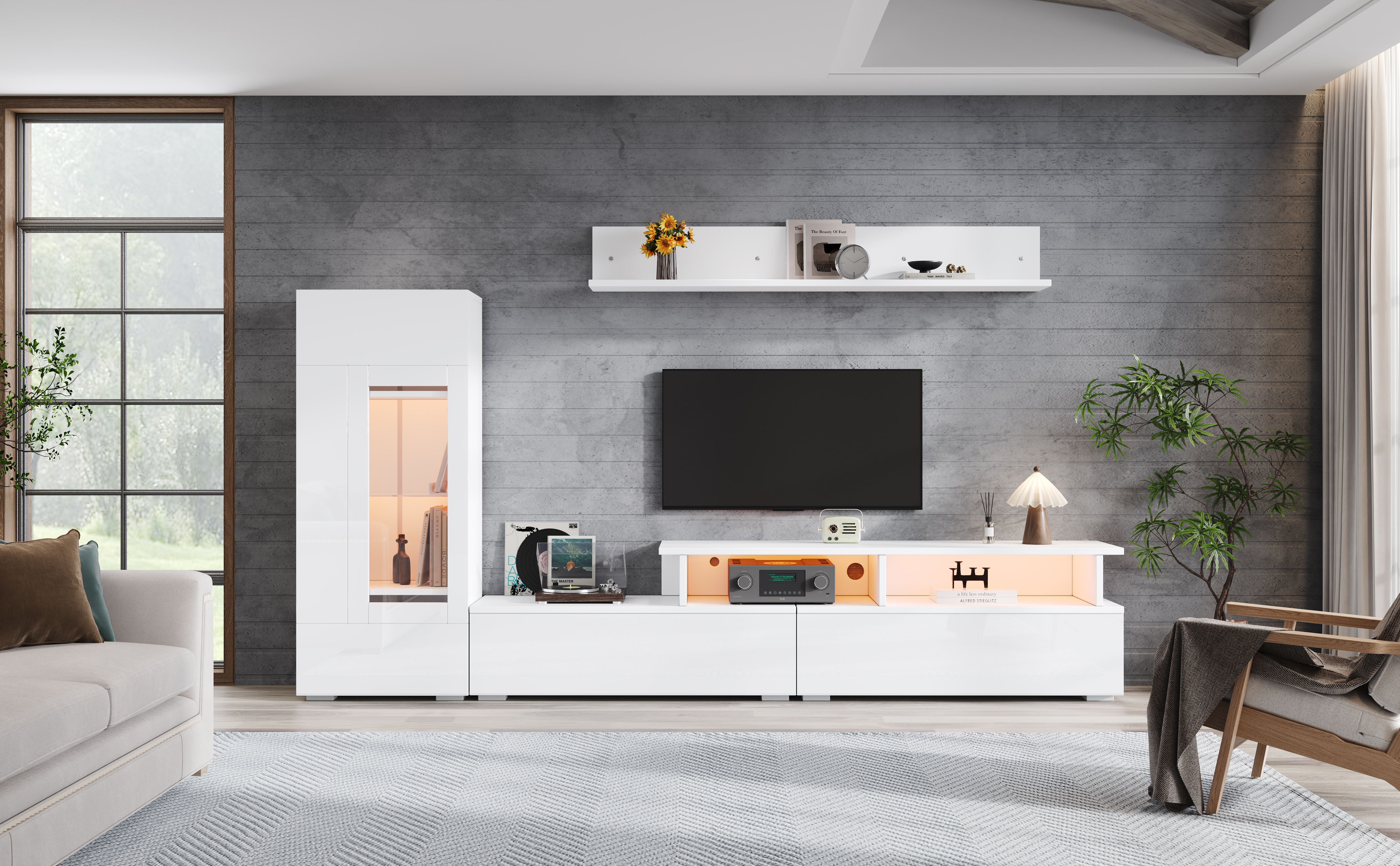 Ensemble mural TV avec vitrine LED connectée