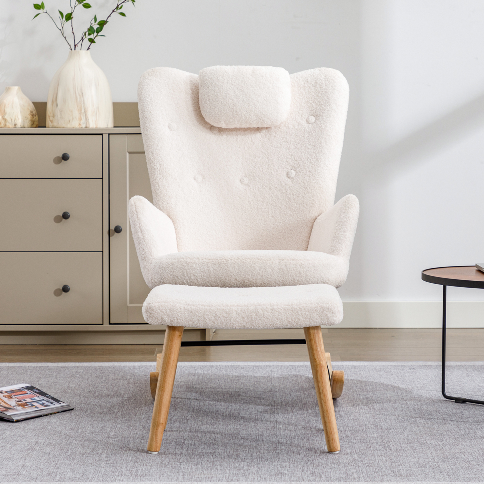 Fauteuil à bascule blanc bouclé coussin cou repose-pieds - vue 2