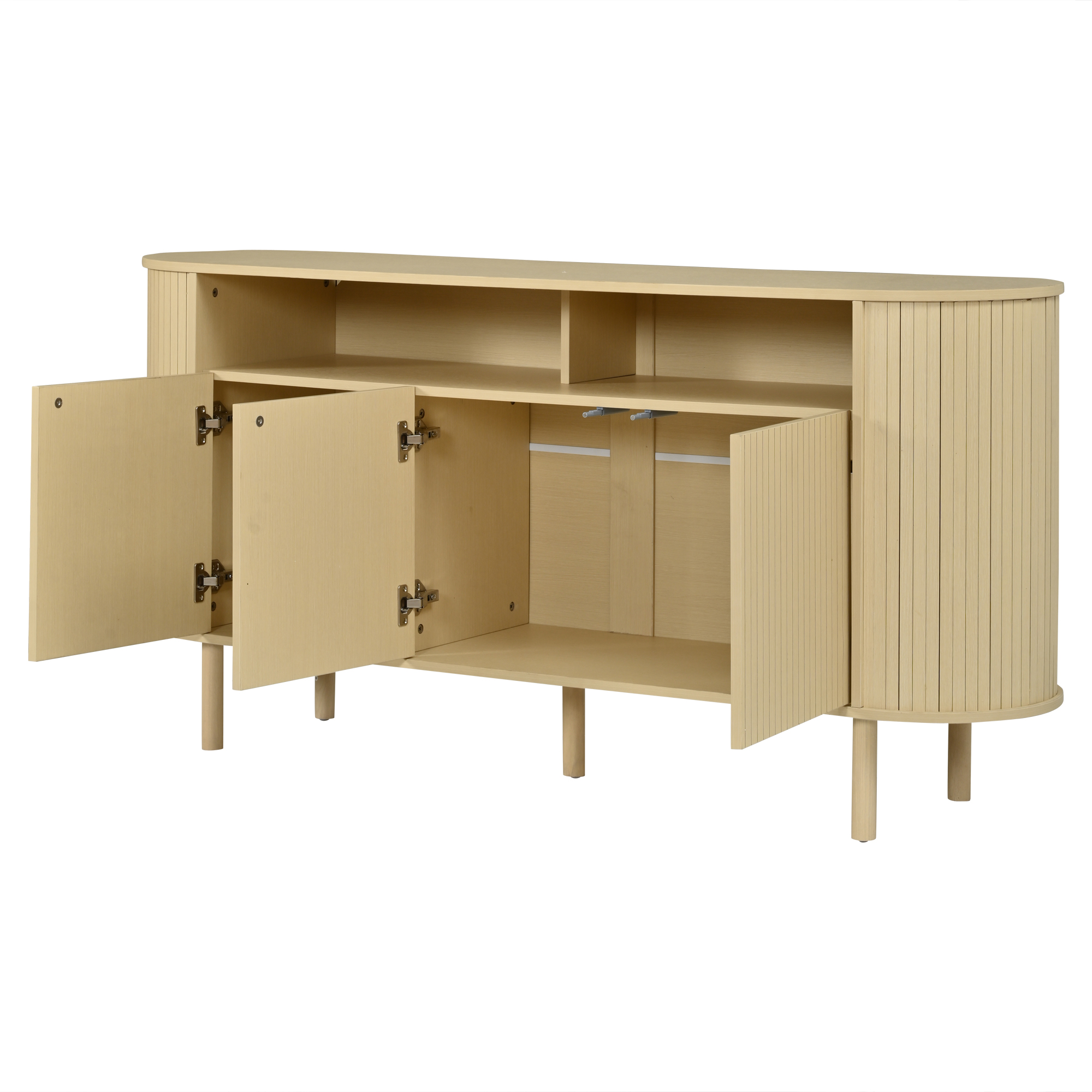 Buffet bas 160 cm, meuble de rangement avec 3 portes, 2 niches, façades rainurées, panneaux de particules, Effet bois naturel