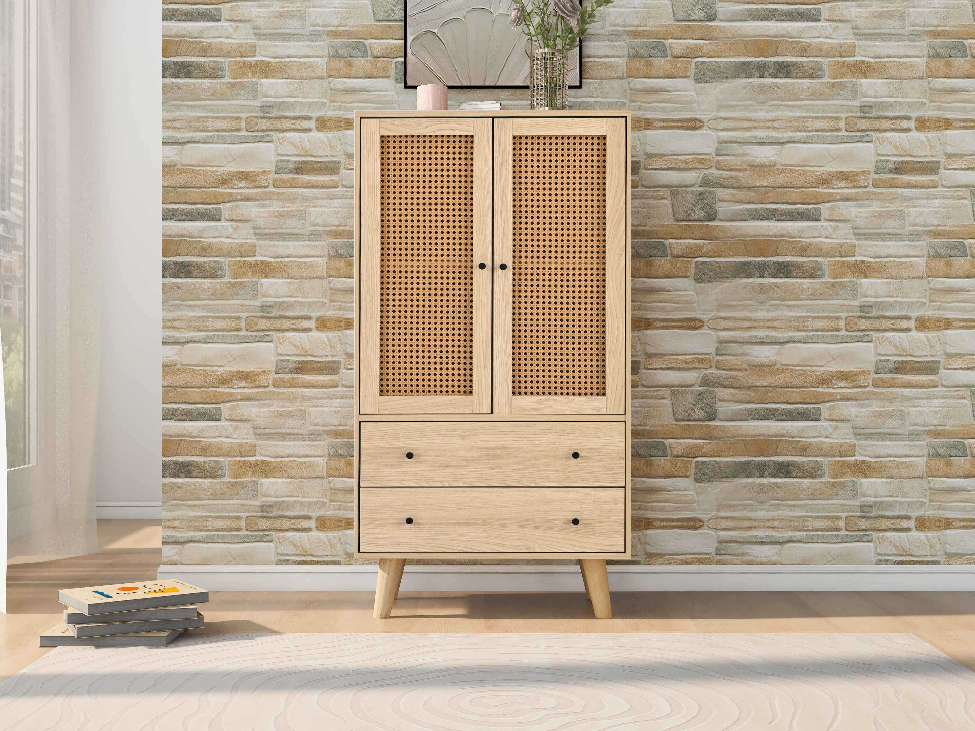 Buffet, rangement intégré, avec tiroirs, 60 x 40 x 120 cm, panneaux de particules, chêne - vue 2