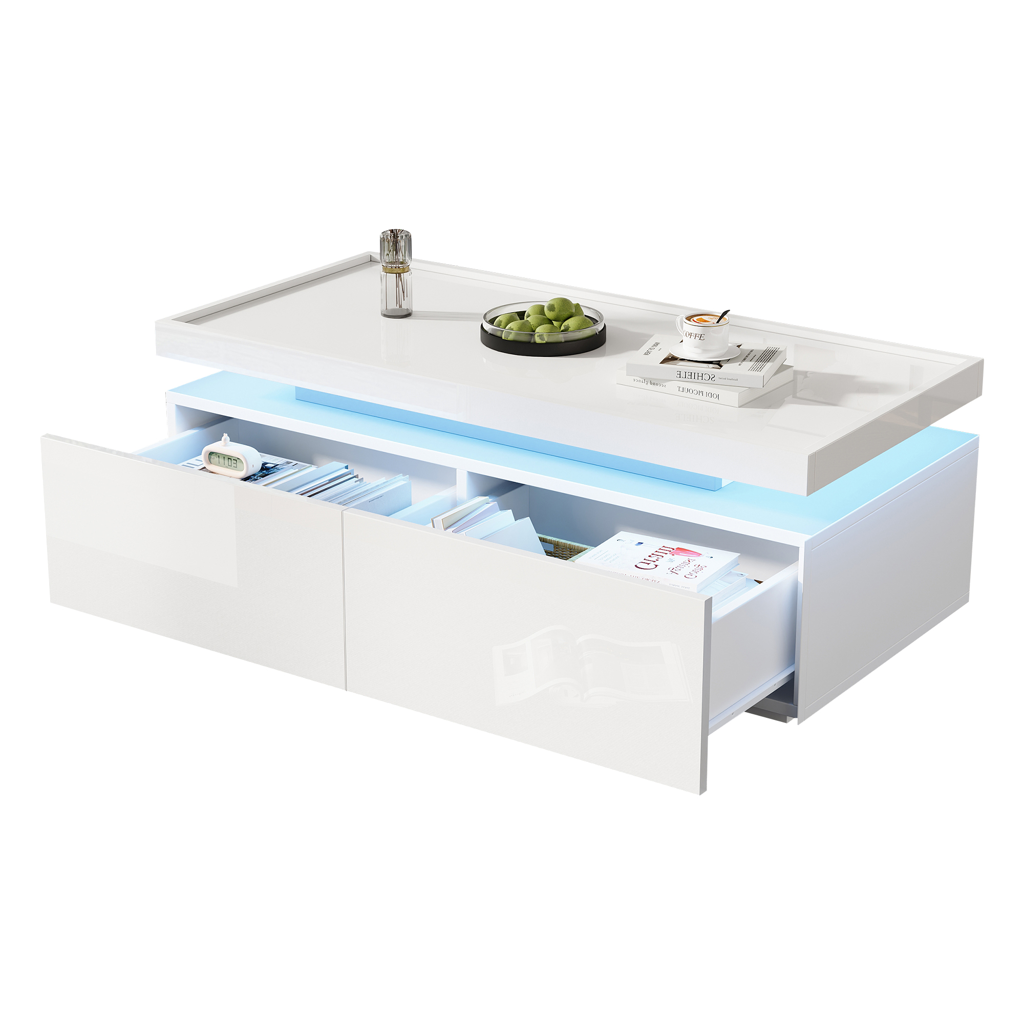 Table basse, table de salon 95 x 45 x 35 cm avec 2 tiroirs, éclairage LED, finition partiellement brillante, panneaux de particules, Blanc