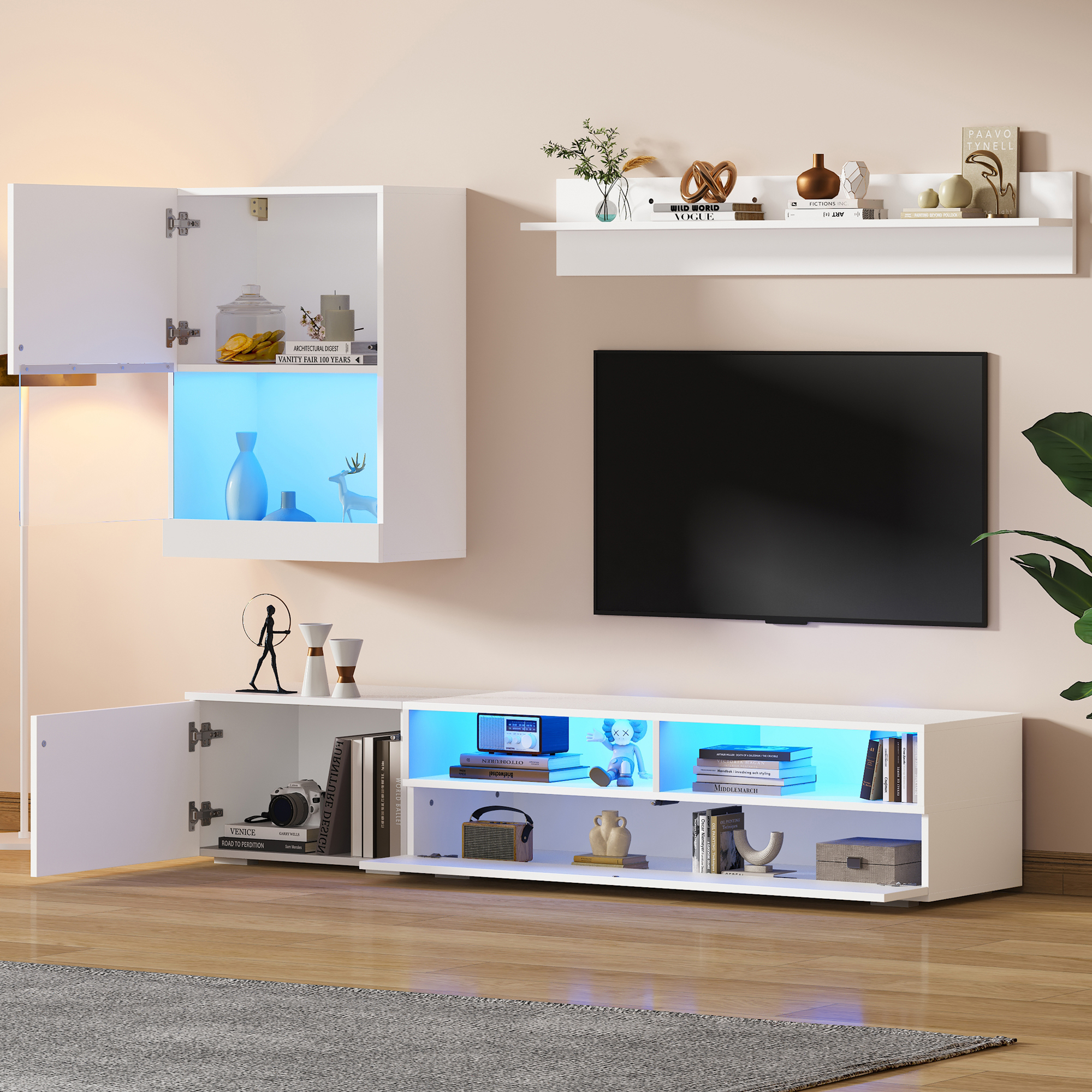 175*39*34cm TV Wohnwand-set mit Vitrine (Komplett-