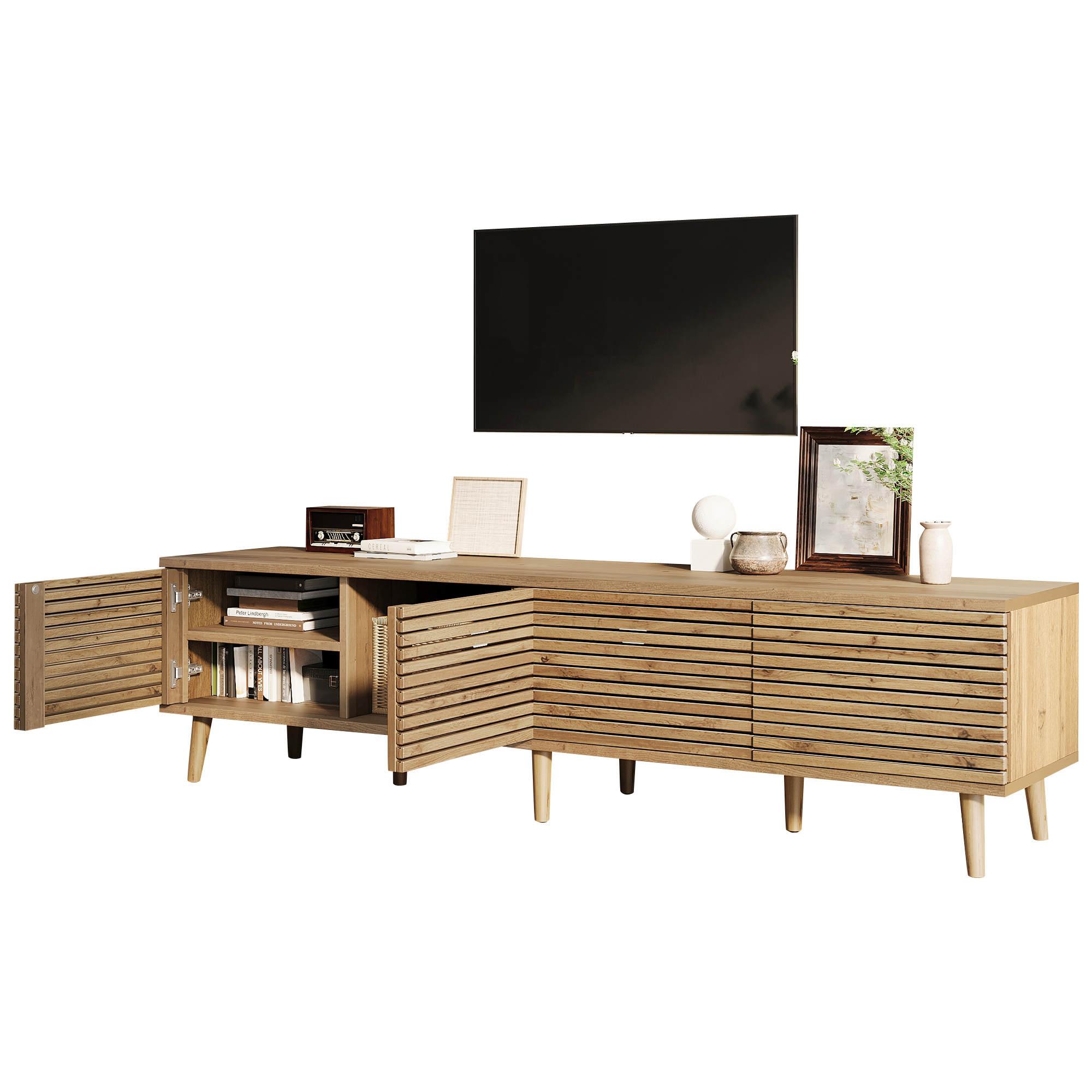 Meuble TV 180 cm, meuble bas de salon avec 4 portes, 6 compartiments, passe-câbles, façades à lattes, Effet bois naturel