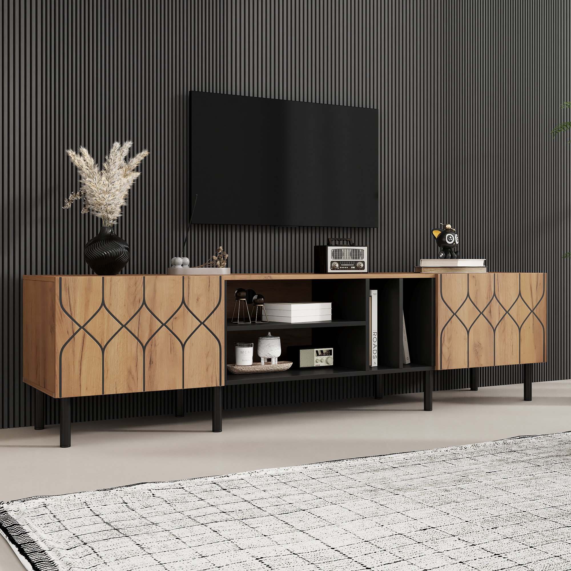TV-Schrank mit 2 Türen, 4offener Stauraum,Modernes