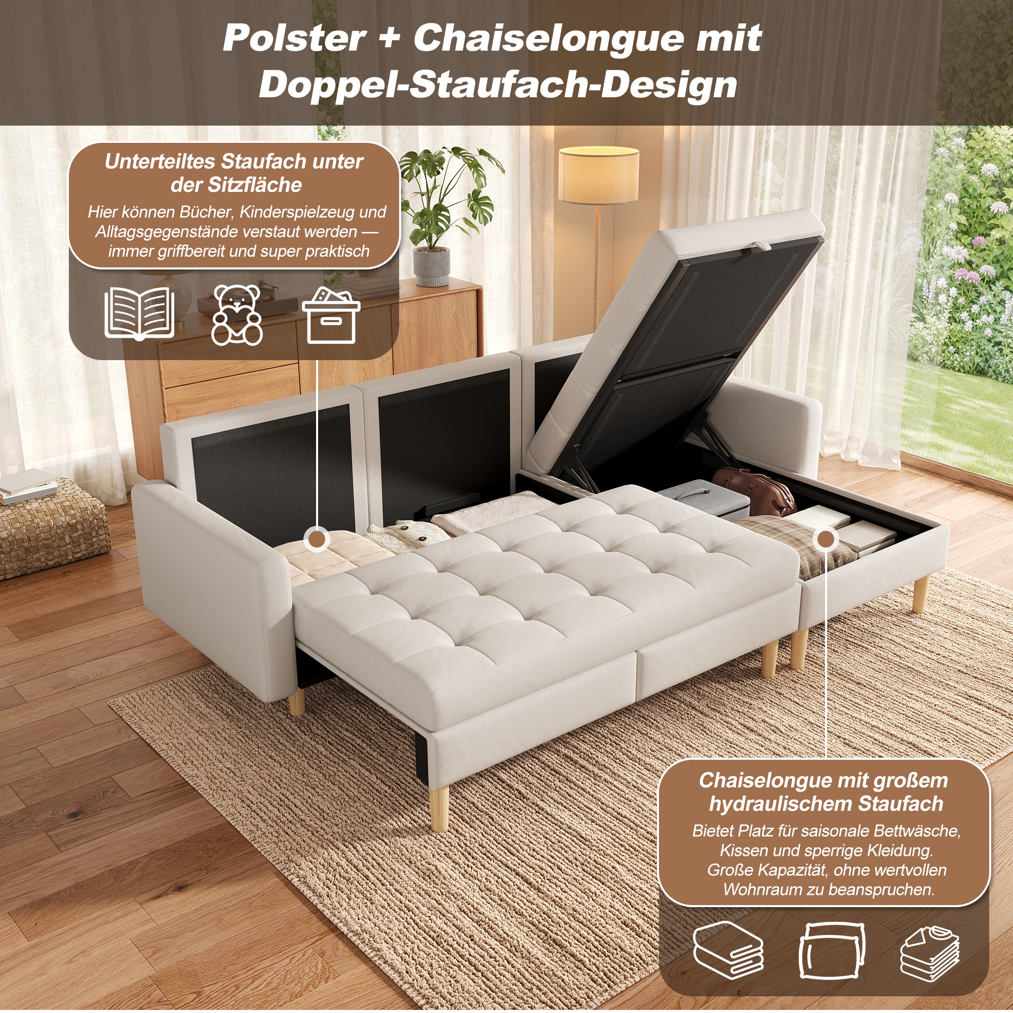 212×130×86cm Ecksofa mit Stauraum, L Sofa wechselb