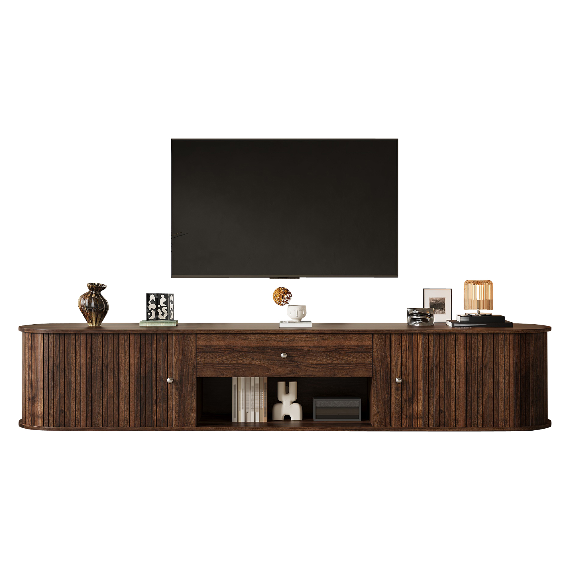 Meuble TV 180 cm, meuble bas de salon avec 2 portes à rideau, 1 tiroir, 1 niche, passe-câbles, panneaux de particules, Effet noyer