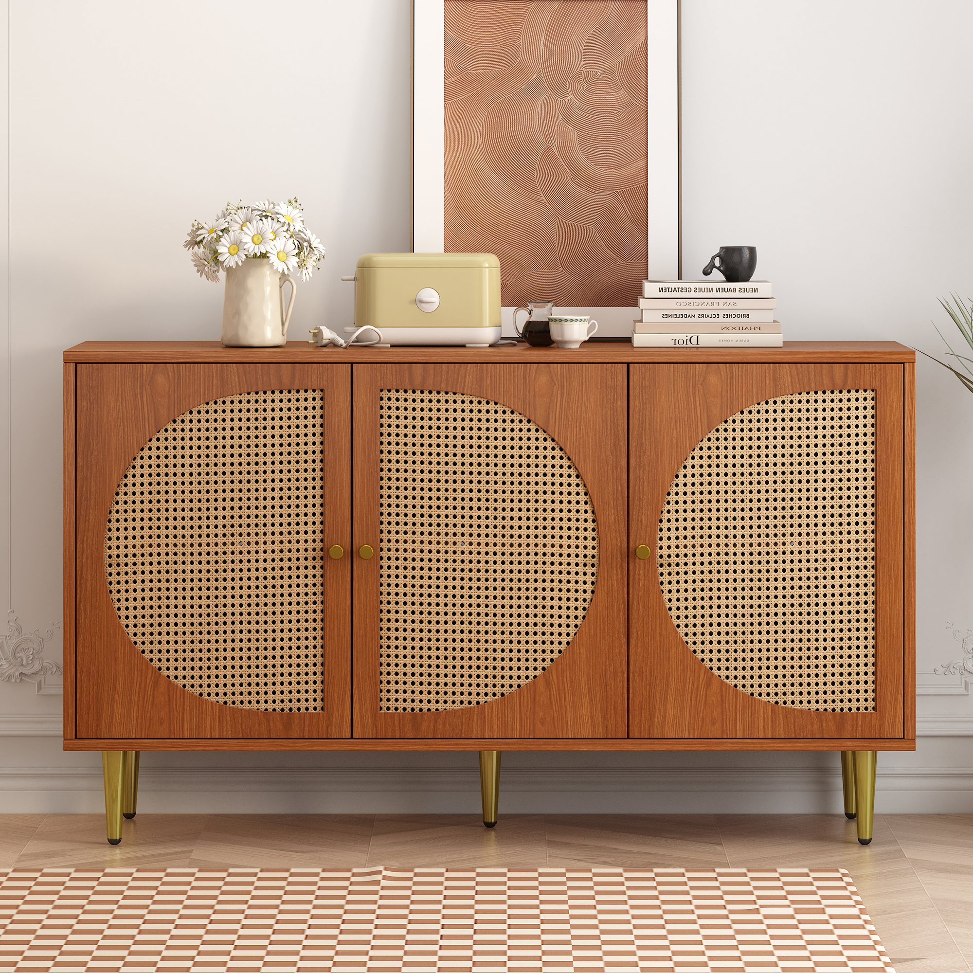 Buffet noyer 3 portes rotin - vue 1