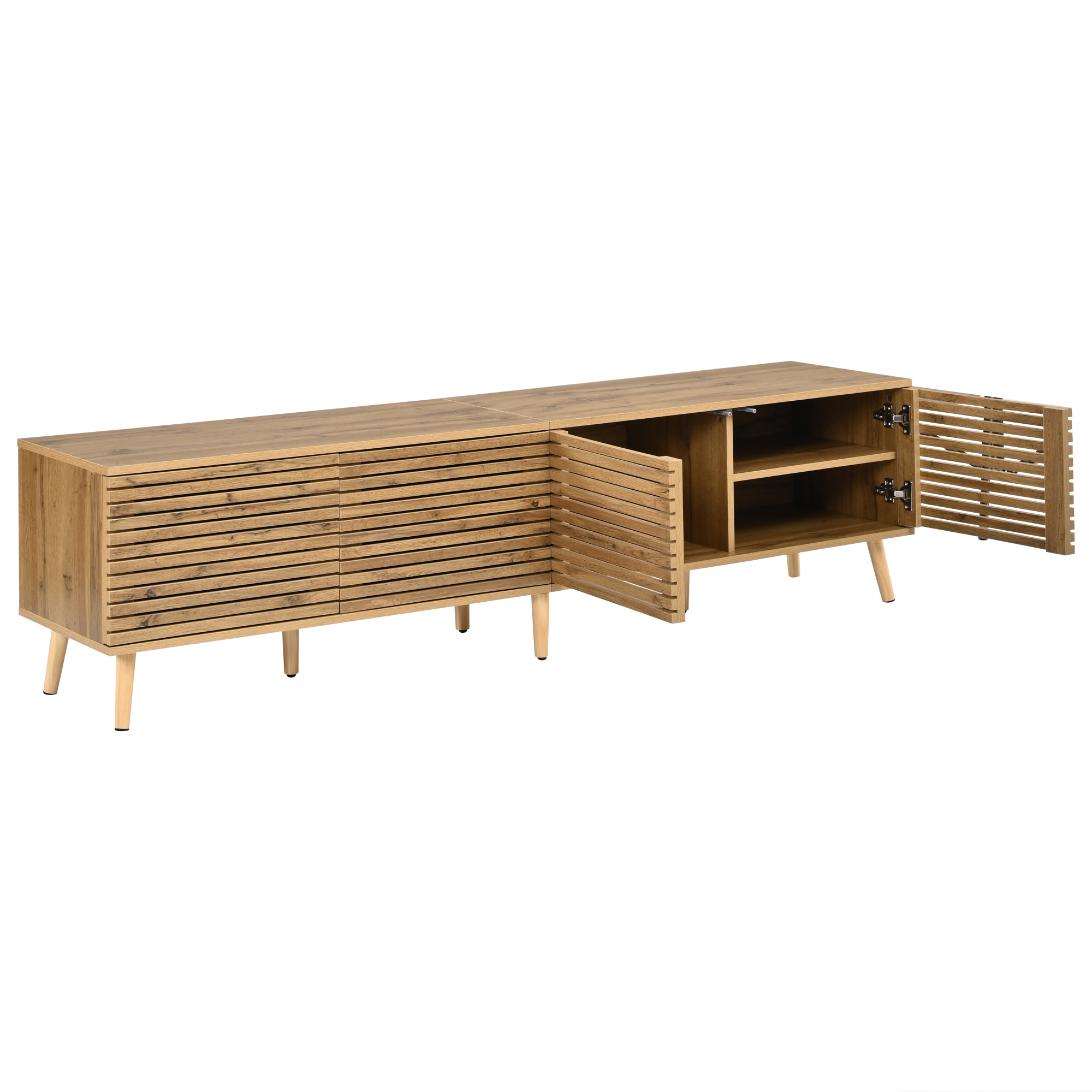 Meuble TV 180 cm, meuble bas de salon avec 4 portes, 6 compartiments, passe-câbles, façades à lattes, Effet bois naturel
