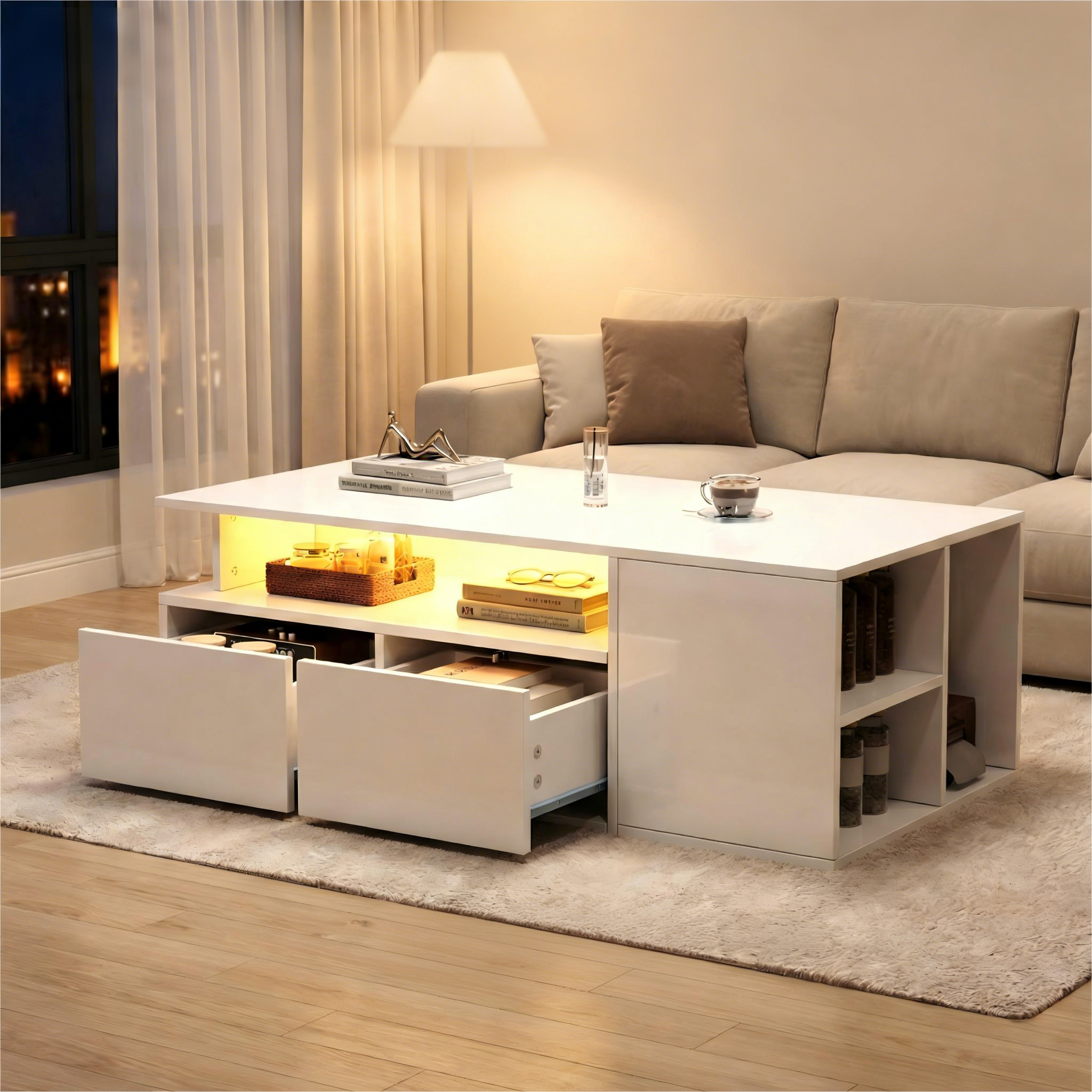100*50*35cm Teetisch mit LED, Wohnzimmer Couchtisc