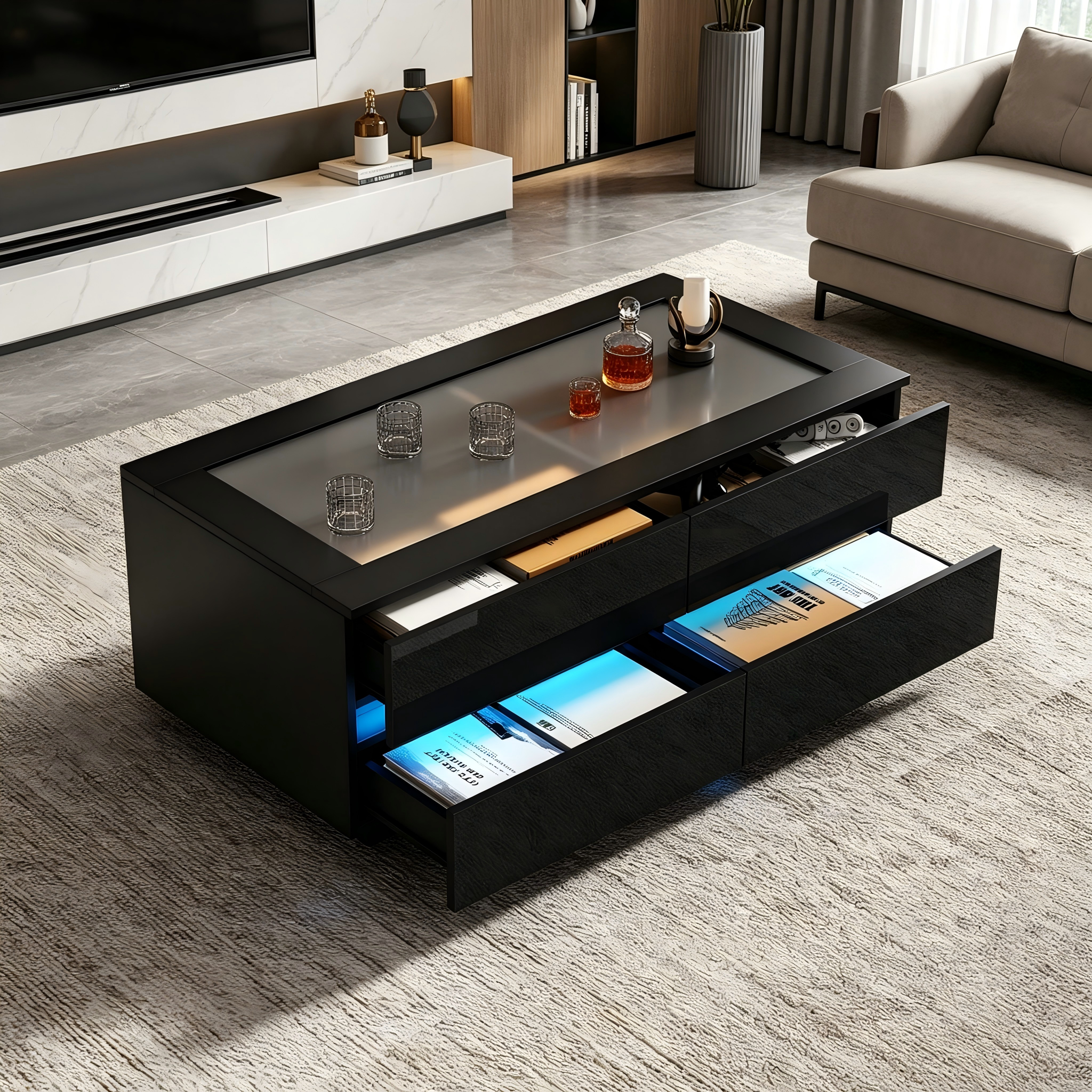 Schwarzer Couchtisch 100x50x40cm, Kaffeetisch mit 