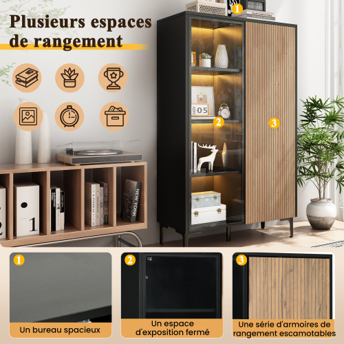 Vitrine haute 2 portes noir et effet bois
