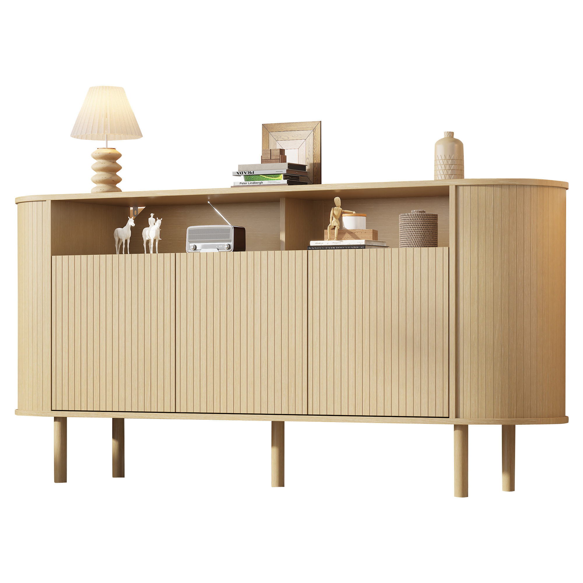 Buffet bas 160 cm, meuble de rangement avec 3 portes, 2 niches, façades rainurées, panneaux de particules, Effet bois naturel