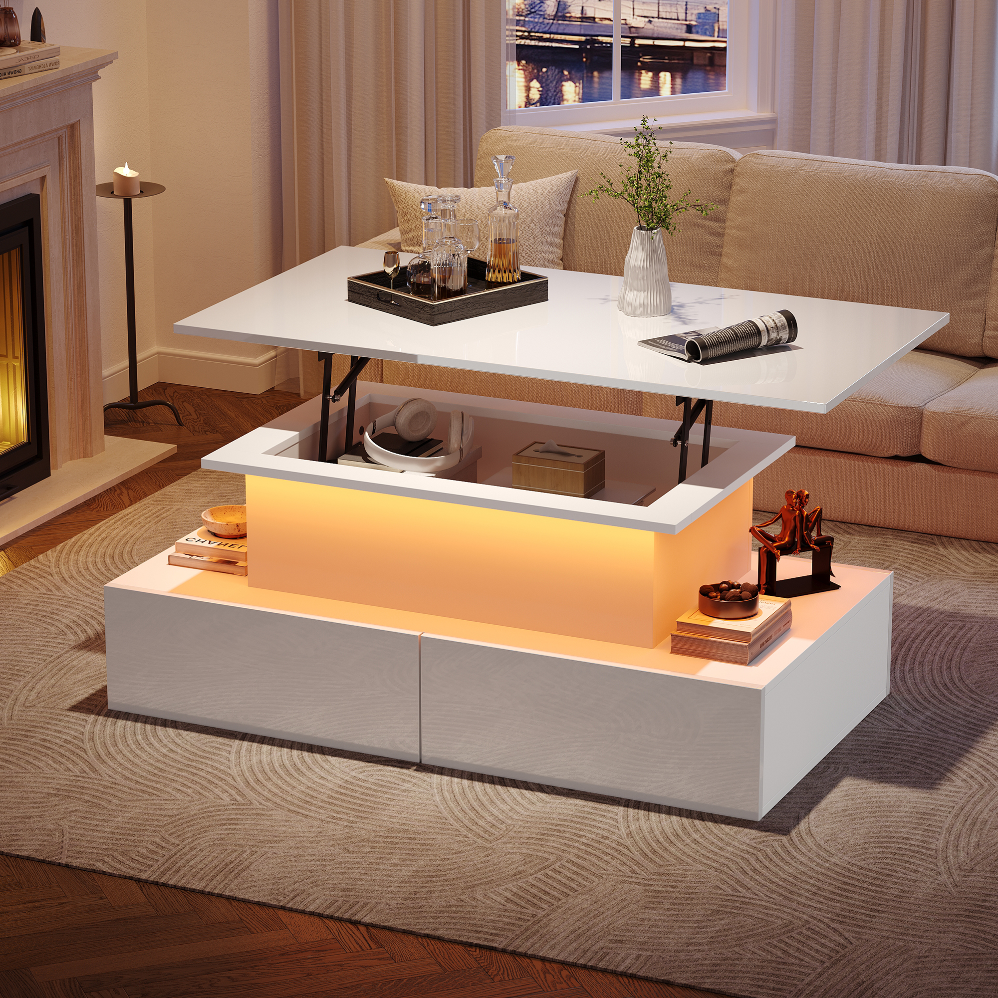 Modernes Weiß Hochglanz-Couchtisch mit LED-Beleuch