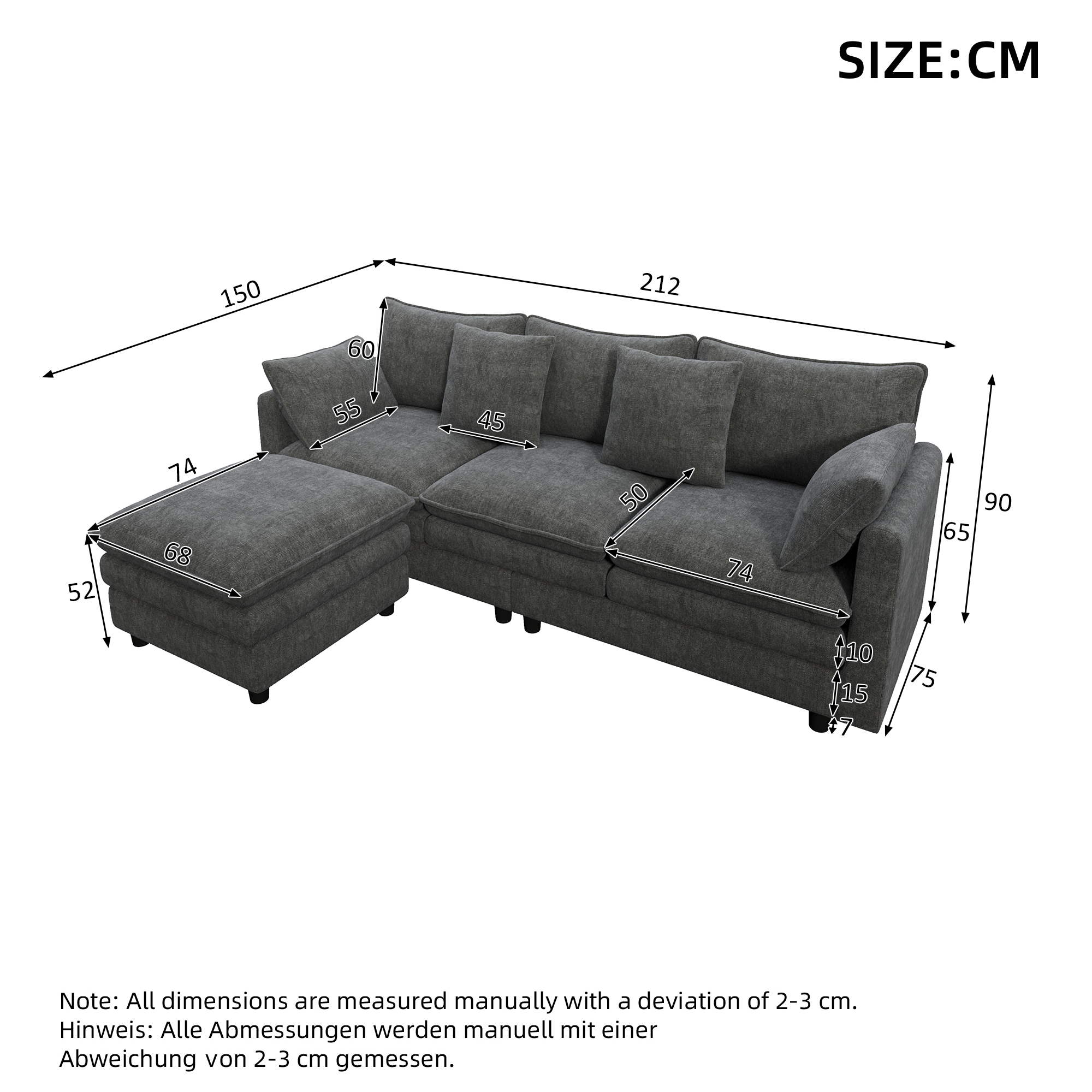 L-förmiges Ecksofa mit 4 Zierkissen und 3 Rückenle
