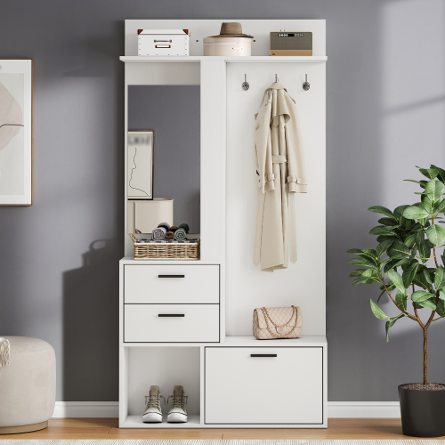 Vestiaire d’entrée blanc avec miroir penderie et range-chaussures