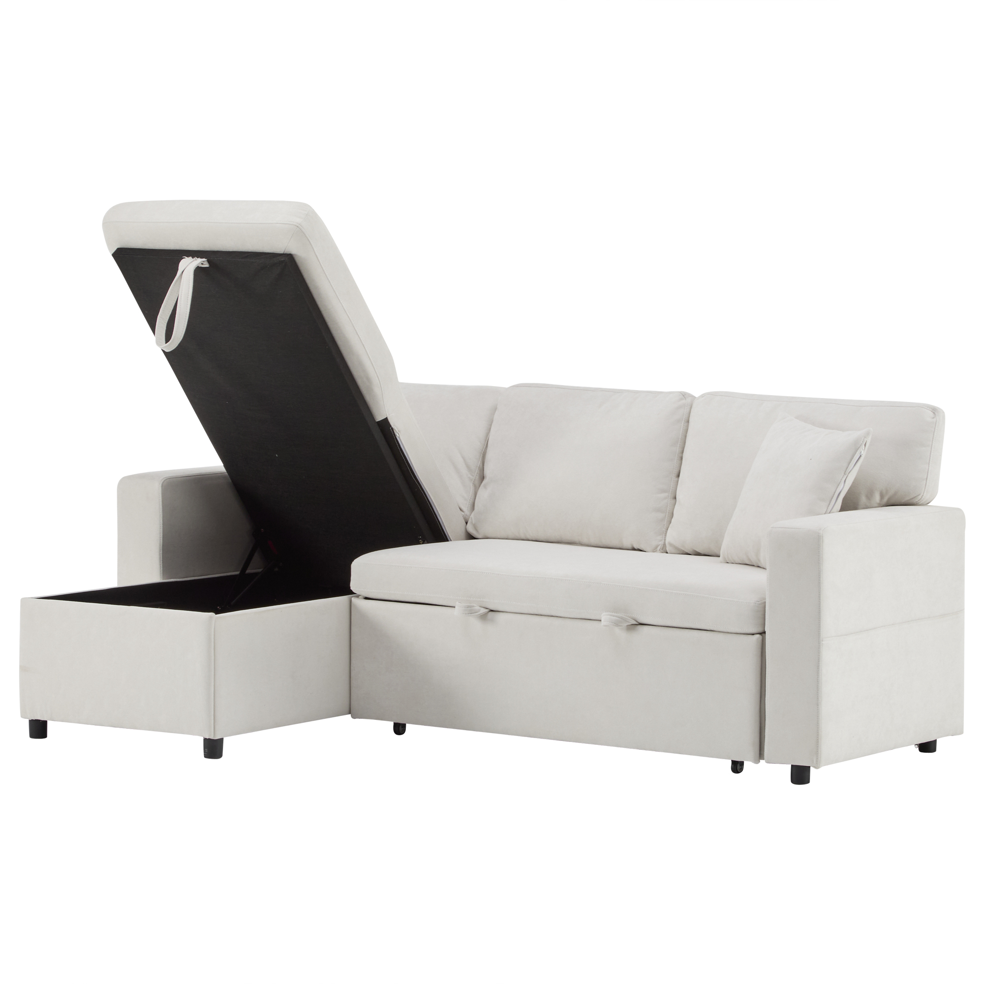 Canapé d’angle convertible en L 4 places en flanelle avec rangement, USB, pouf, Beige, 214 x 131 x 87 cm - présentation 1