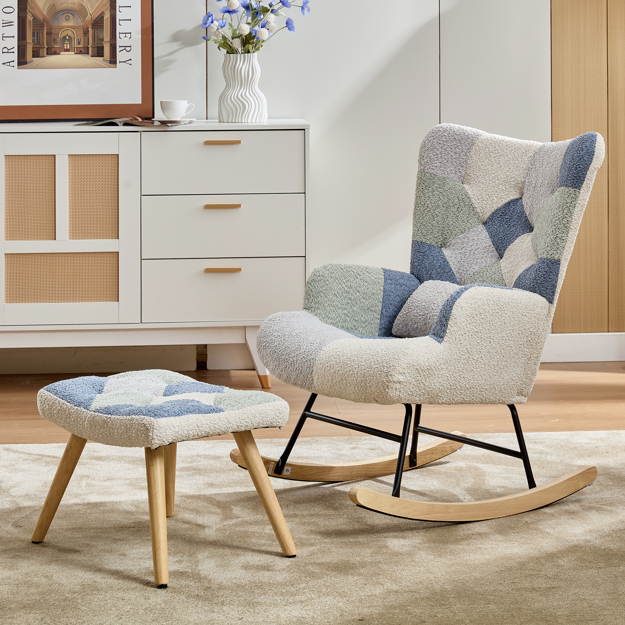 Schaukel-Relaxsessel mit Fußhocker, moderner Stoff
