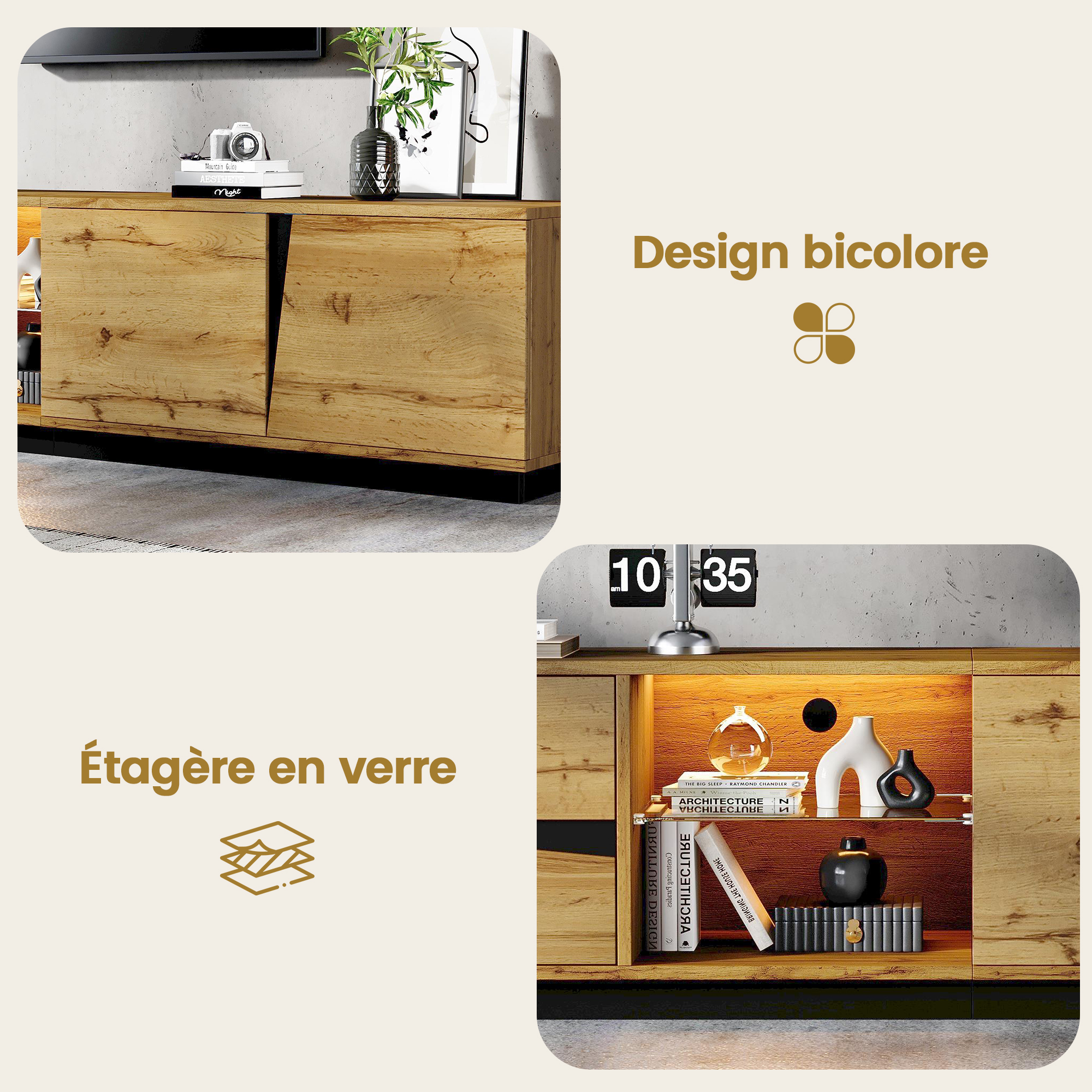 Meuble TV LED bois et noir