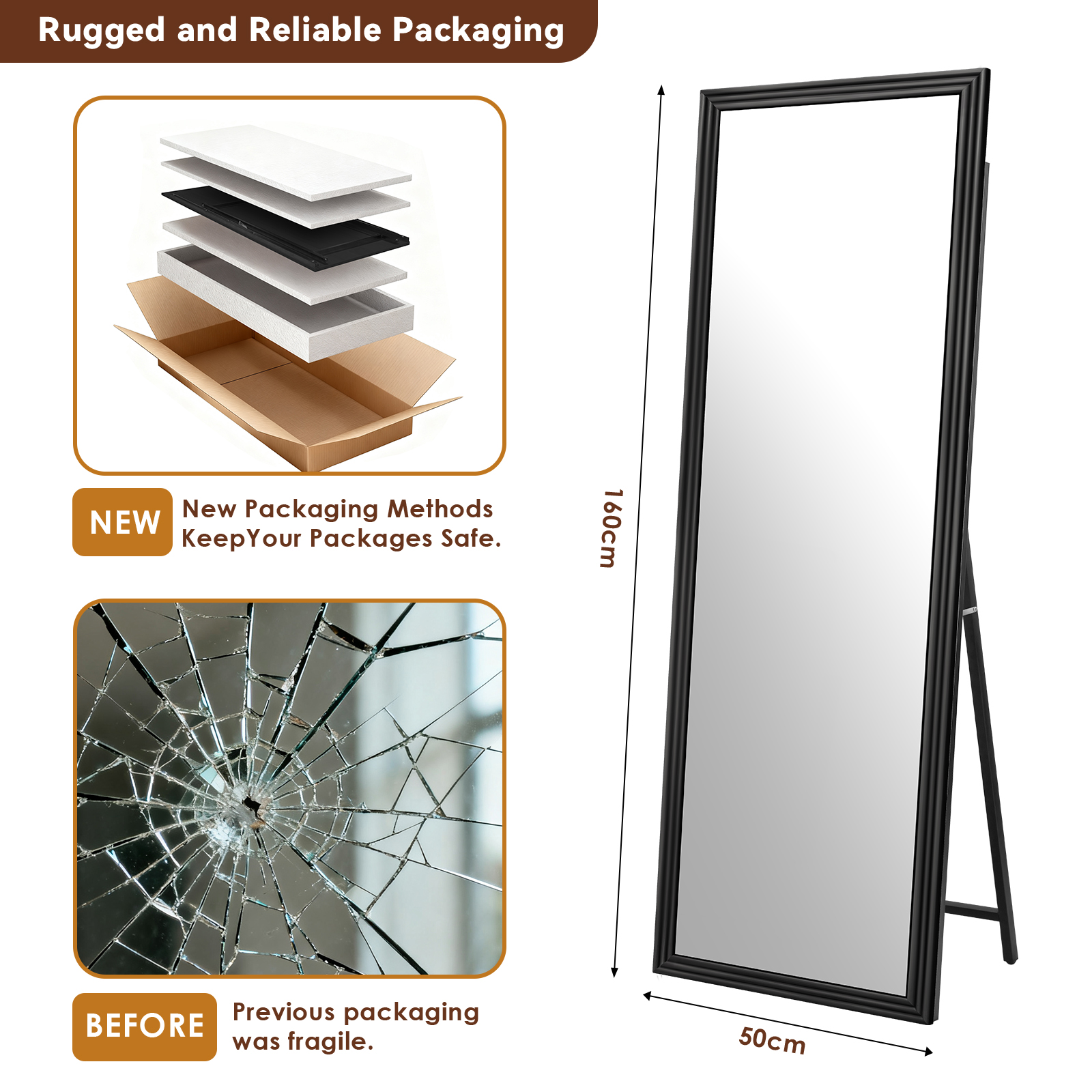 Miroir sur pied pleine longueur droit 160 x 50 cm, cadre en bois, pied métal inclinable, Noir - détails