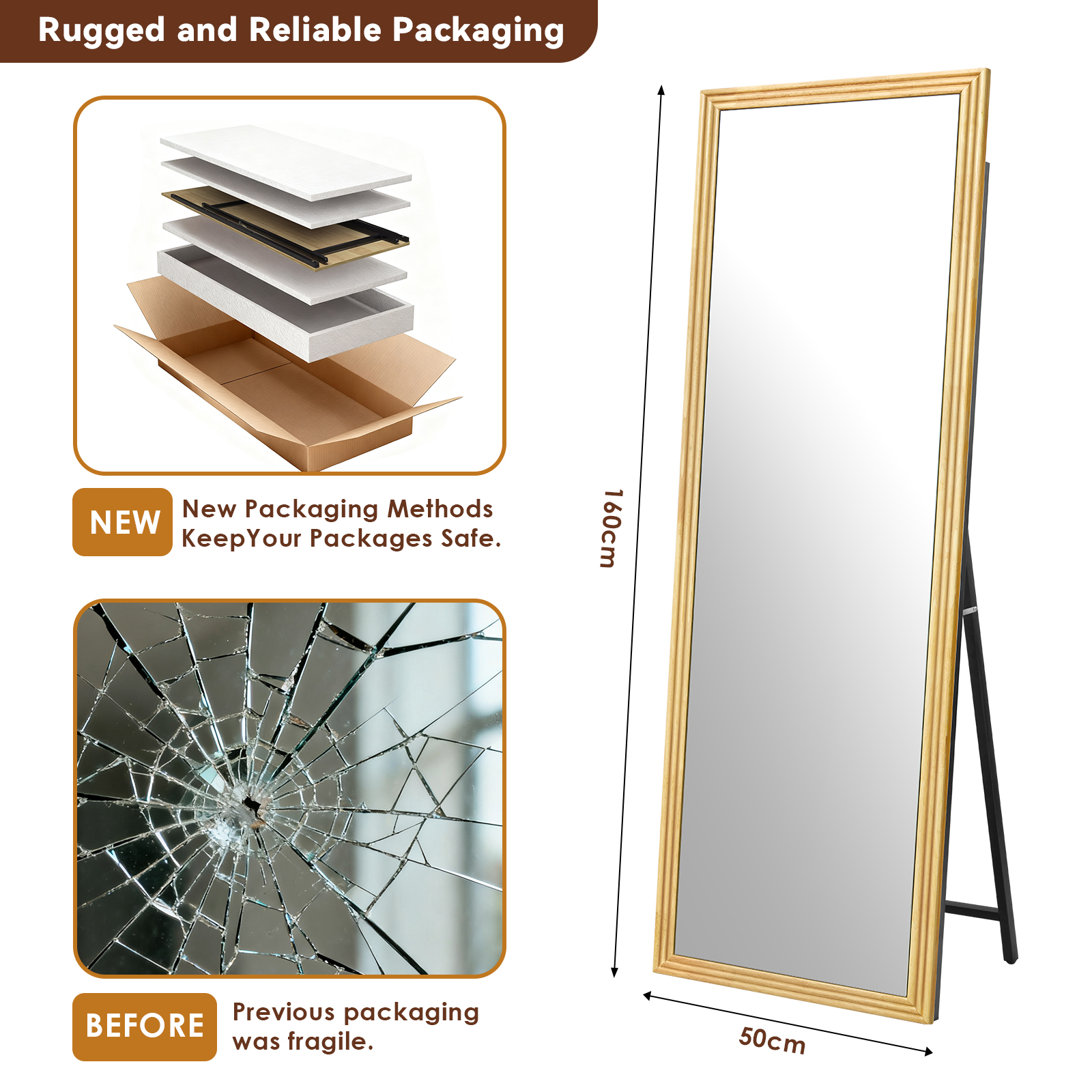Miroir sur pied pleine longueur droit 160 x 50 cm, cadre en bois, pied métal inclinable, Marron - détails