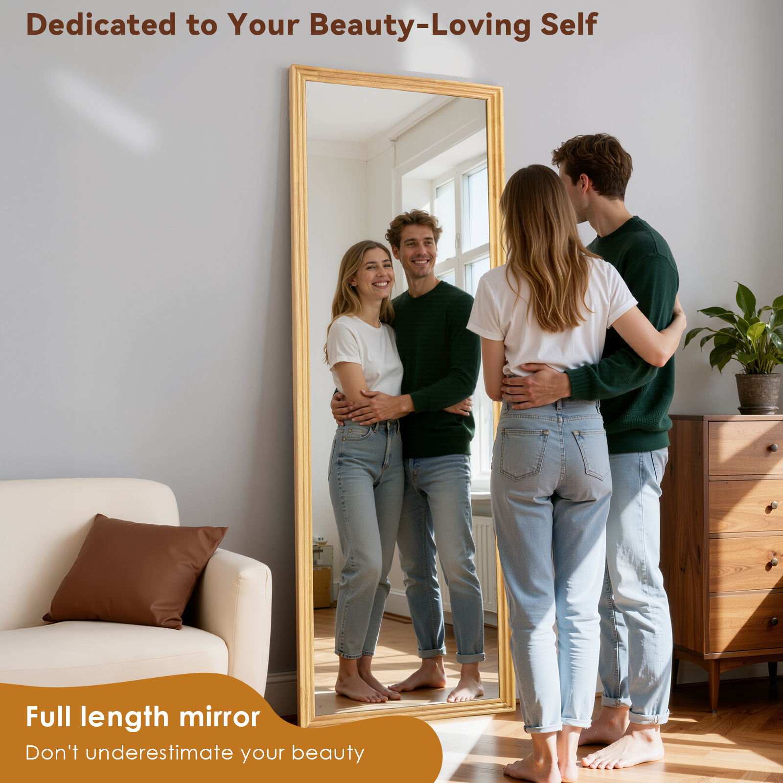 Miroir sur pied pleine longueur droit 160 x 50 cm, cadre en bois, pied métal inclinable, Marron - vue principale