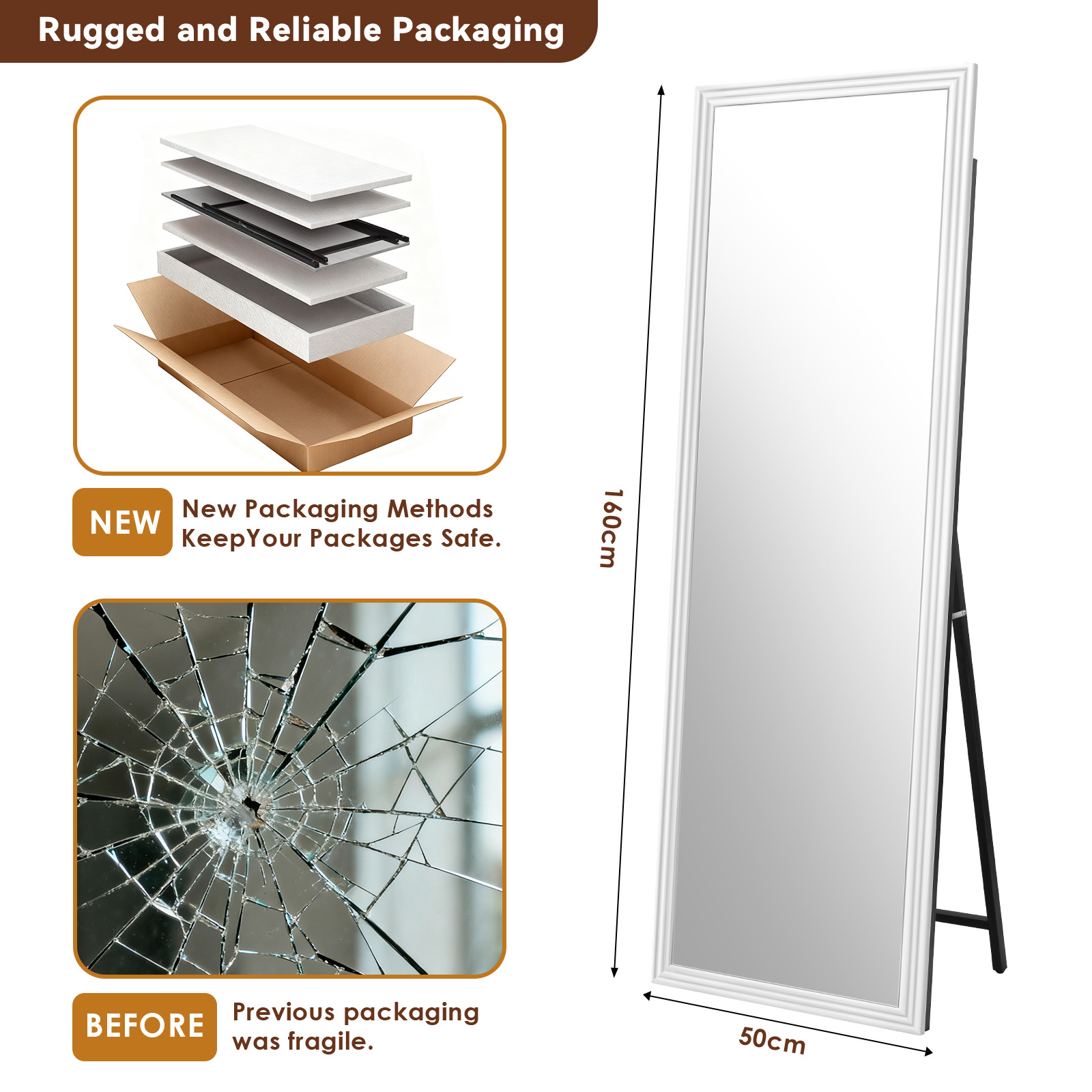 Miroir sur pied pleine longueur droit 160 x 50 cm, cadre en bois, pied métal inclinable, Blanc - détails