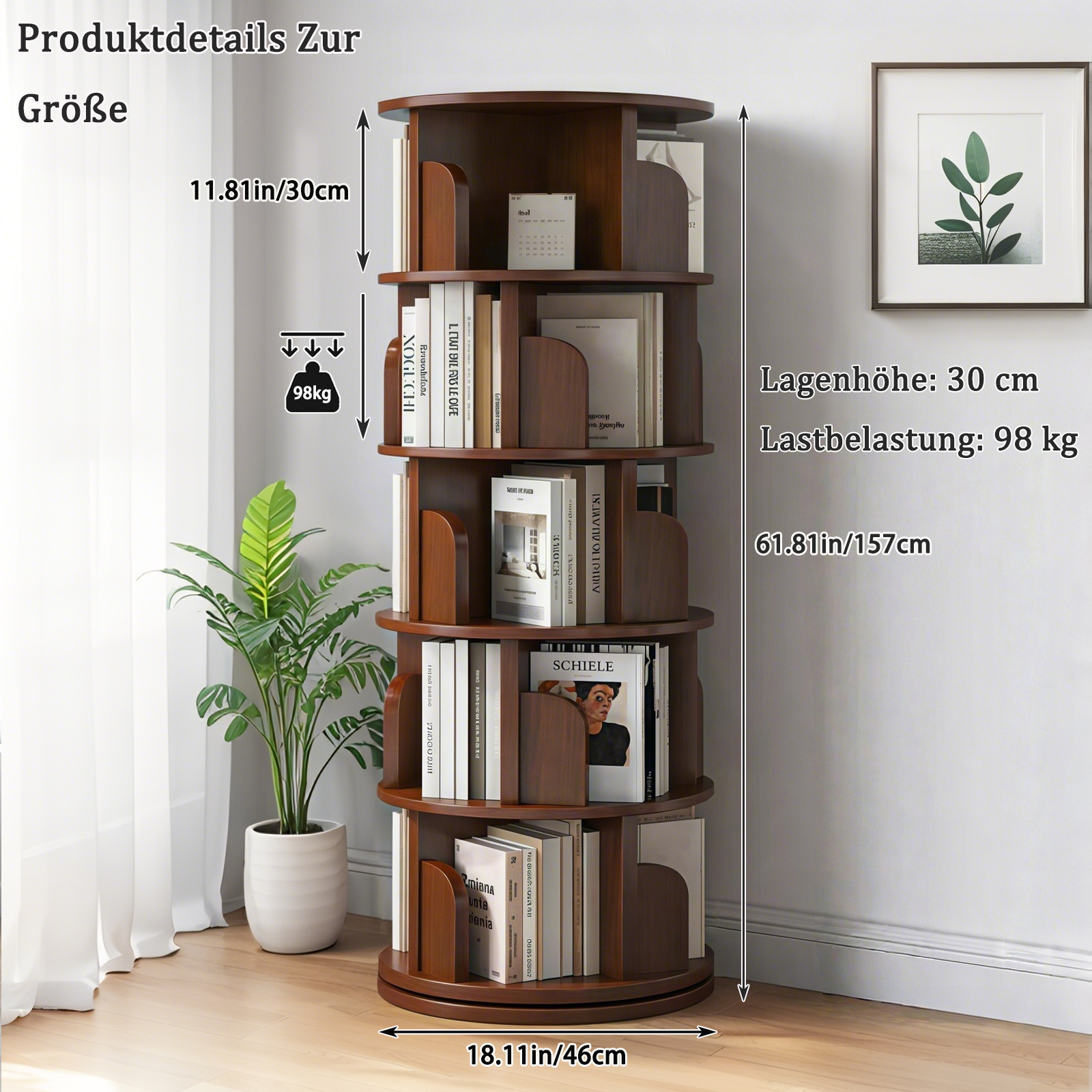 Bibliothèque 46 x 46 x 157 cm, pivotante à 360°, 5 niveaux, MDF, Effet noyer - détails