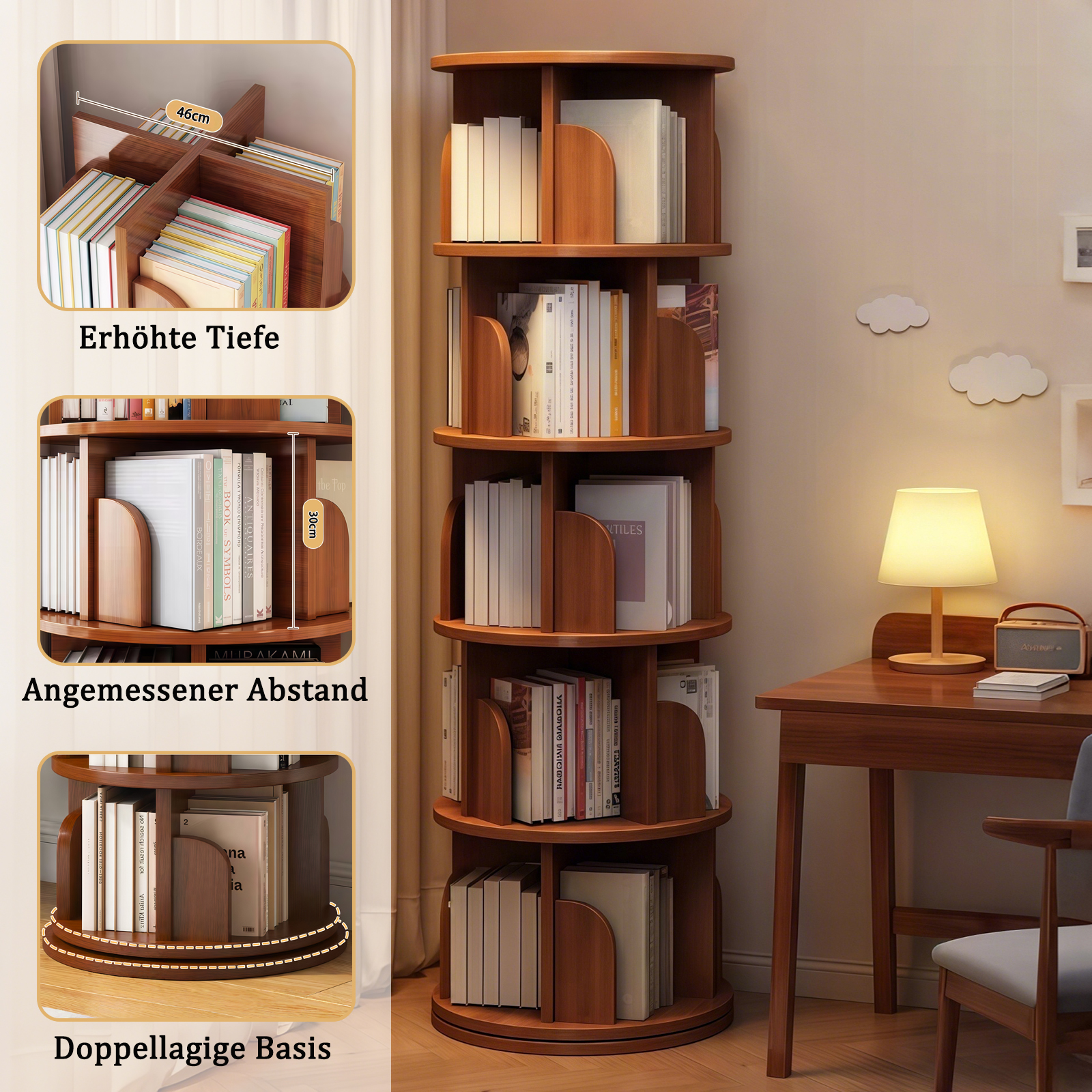 Bibliothèque 46 x 46 x 157 cm, pivotante à 360°, 5 niveaux, MDF, Effet noyer - vue complémentaire