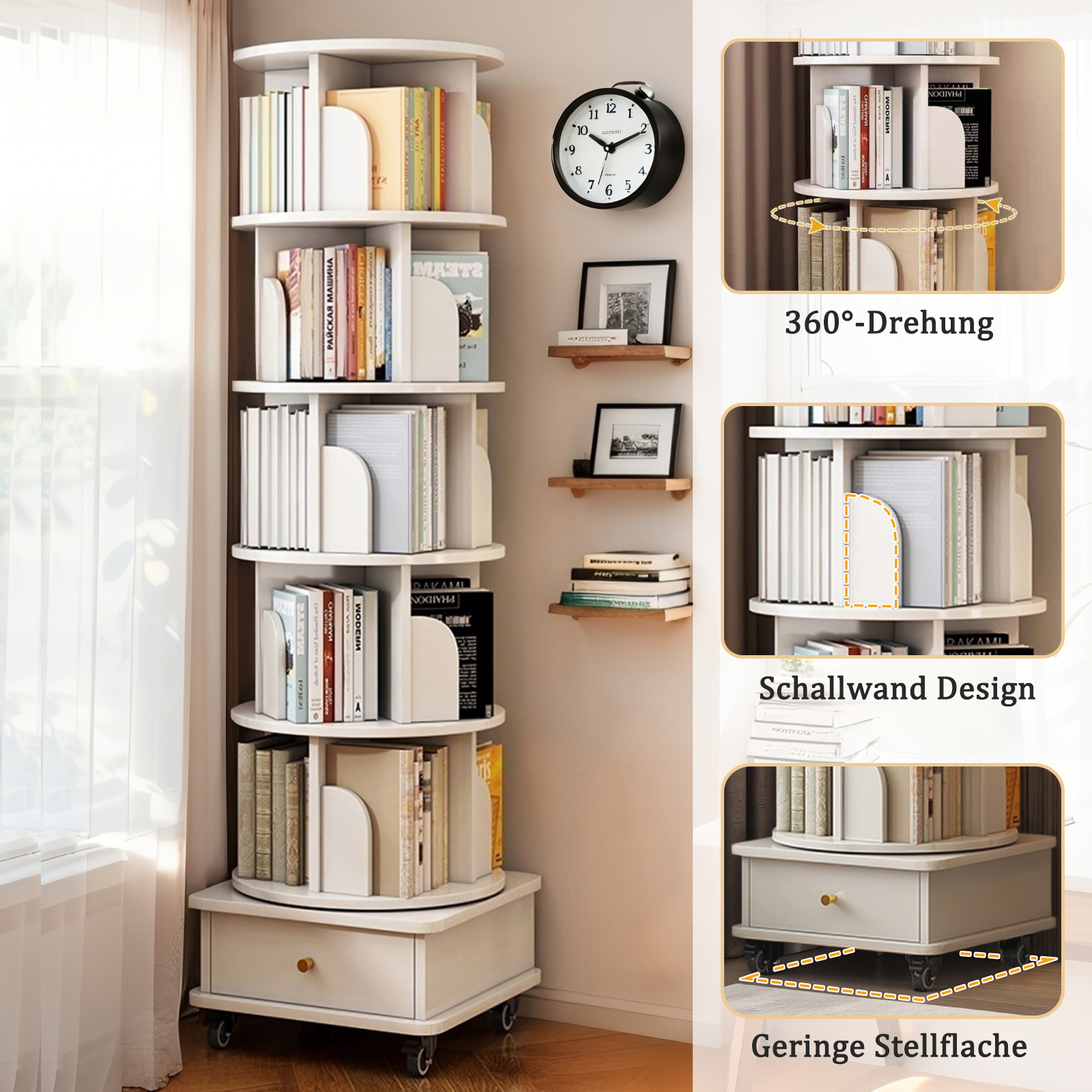 Bibliothèque 46 x 46 x 173 cm, pivotante à 360°, avec roulettes, 6 niveaux, MDF, Blanc - vue principale