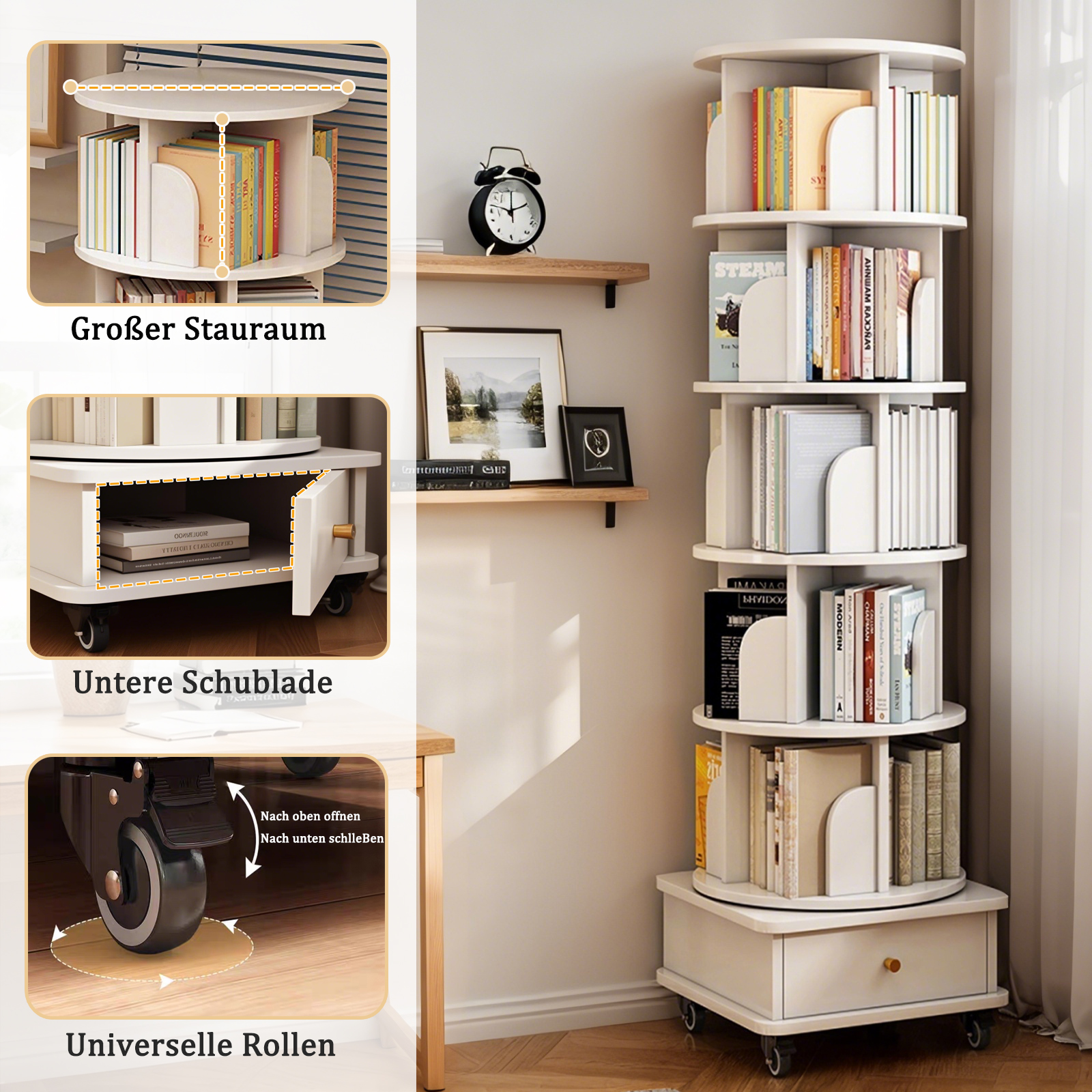 Bibliothèque 46 x 46 x 173 cm, pivotante à 360°, avec roulettes, 6 niveaux, MDF, Blanc - vue complémentaire