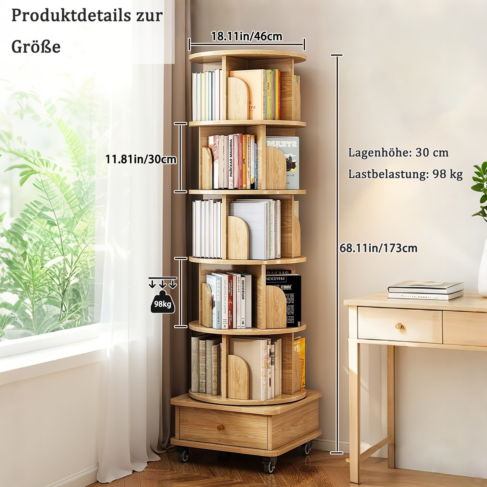 Bibliothèque 46 x 46 x 173 cm, pivotante à 360°, avec roulettes, 6 niveaux, MDF, Wood - détails