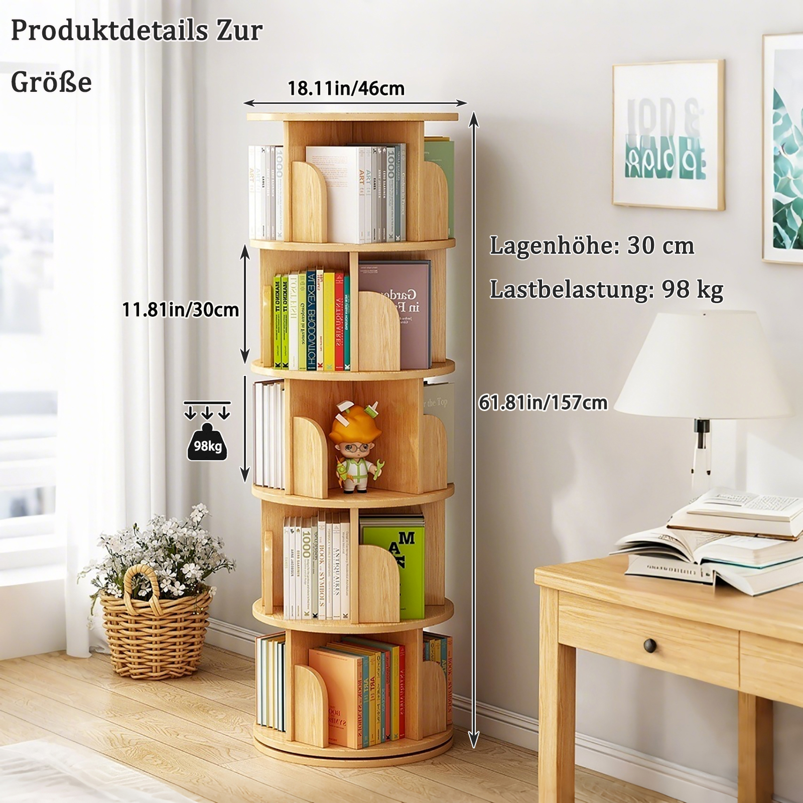 Bibliothèque 46 x 46 x 157 cm, pivotante à 360°, MDF, Wood - détails