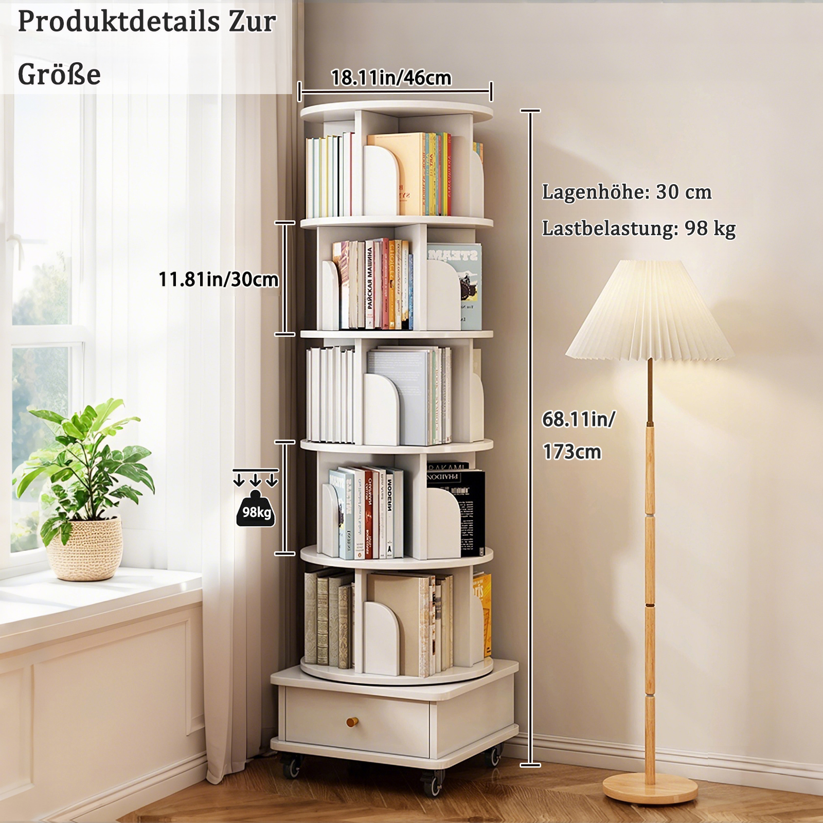 Bibliothèque 46 x 46 x 173 cm, pivotante à 360°, avec roulettes, 6 niveaux, MDF, Blanc - détails