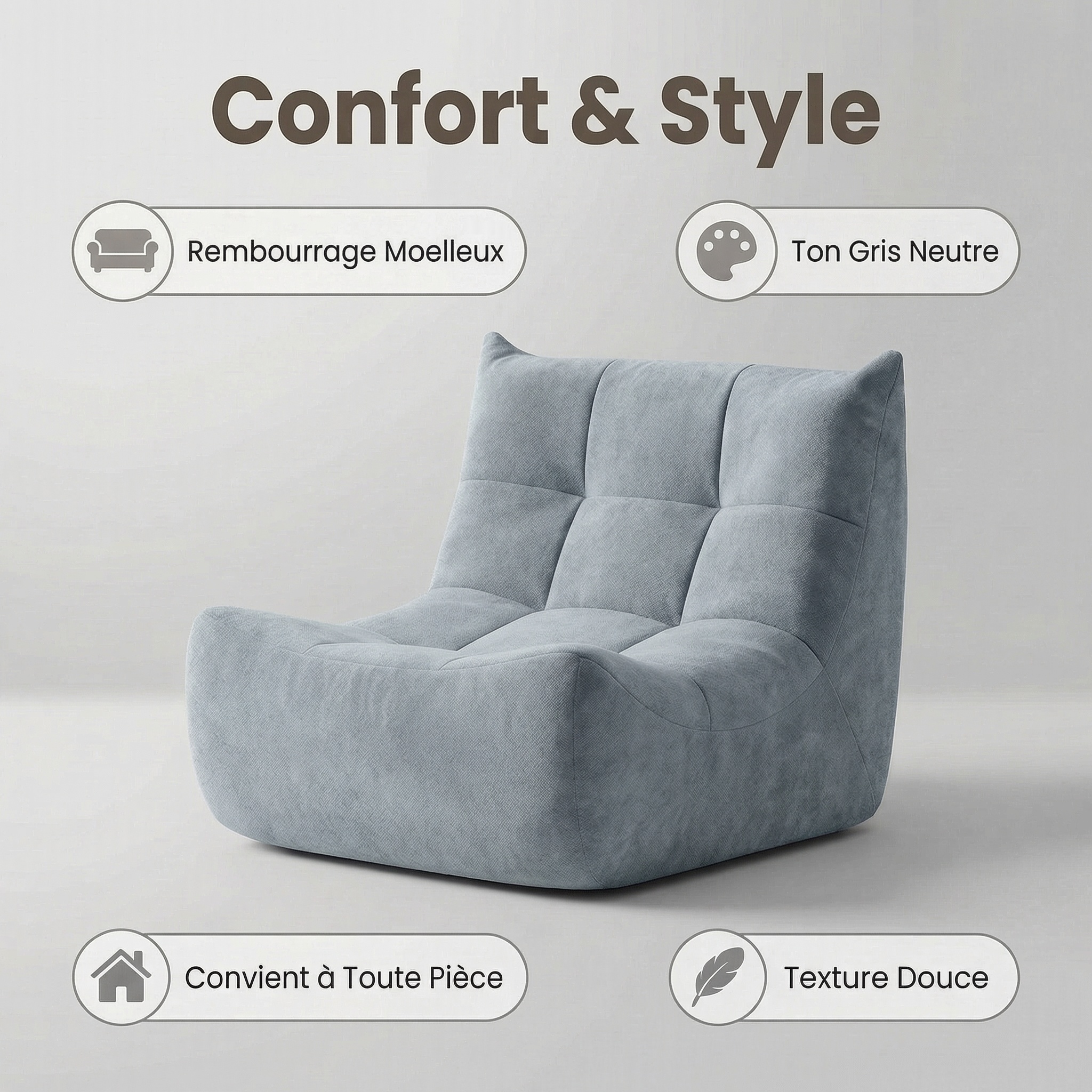 Henille Graues Togo Sofa, Boden-Loungesessel, 1-Si