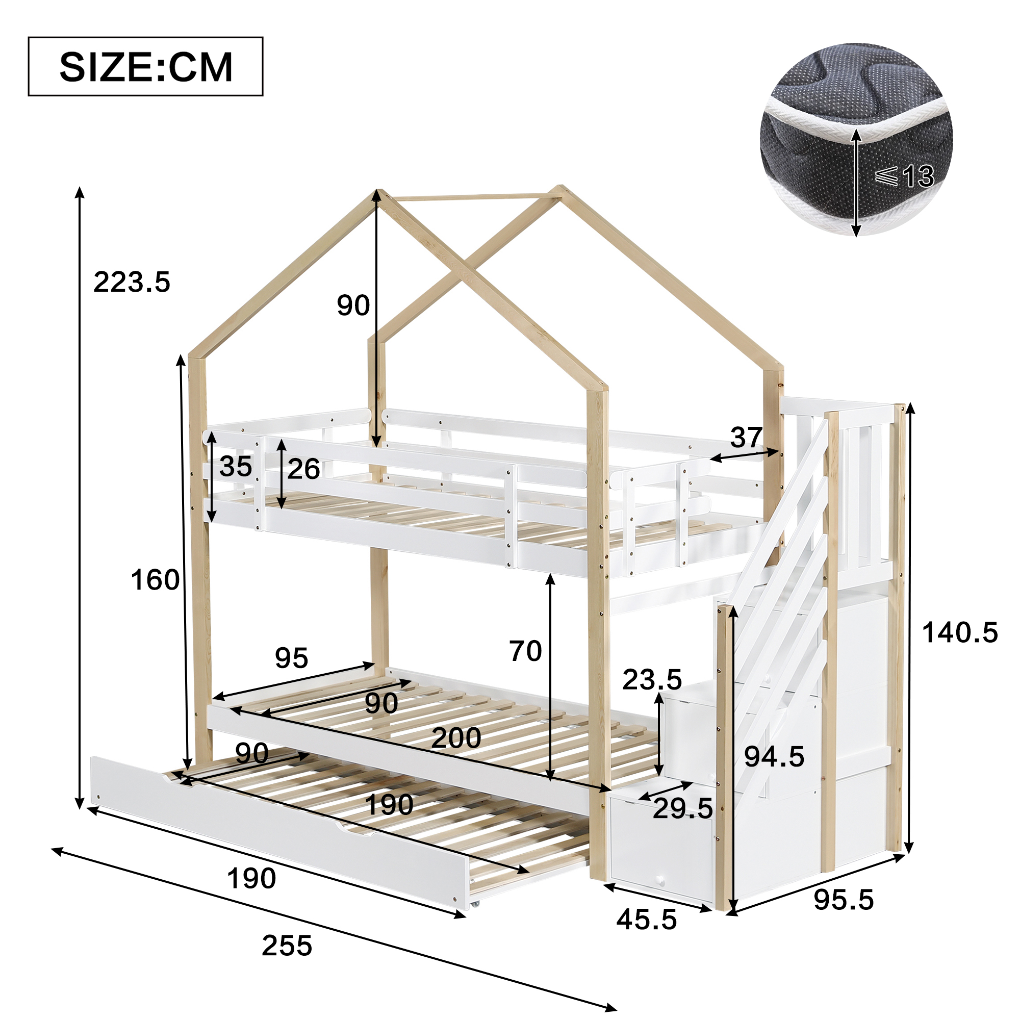 Dimensions lit cabane 255x95.5x223.5 cm