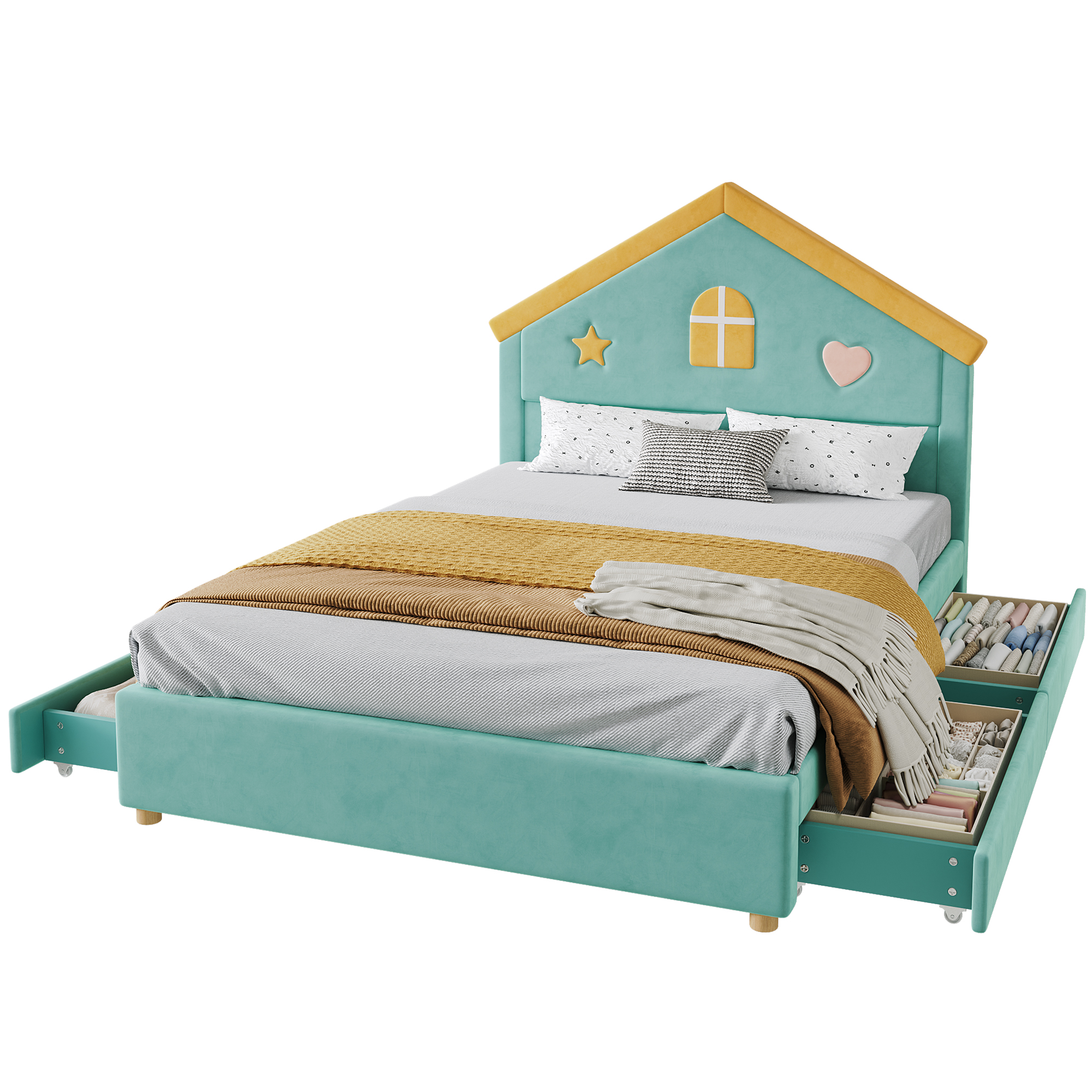 Lit cabane 140 x 200 cm avec 4 tiroirs, LED, ports de charge, velours, Bleu-vert - fonctions