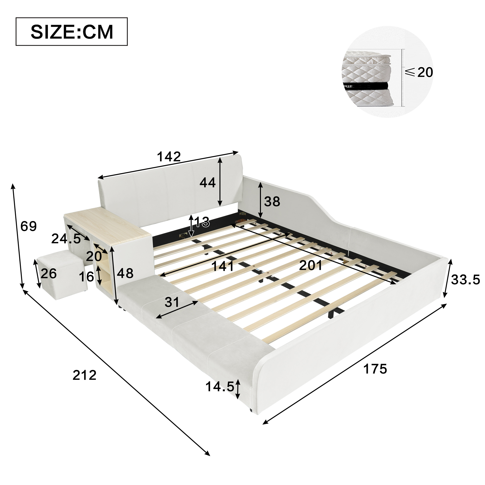 Lit capitonné en velours blanc avec bureau, tabouret et rangement, 140x200 cm 6