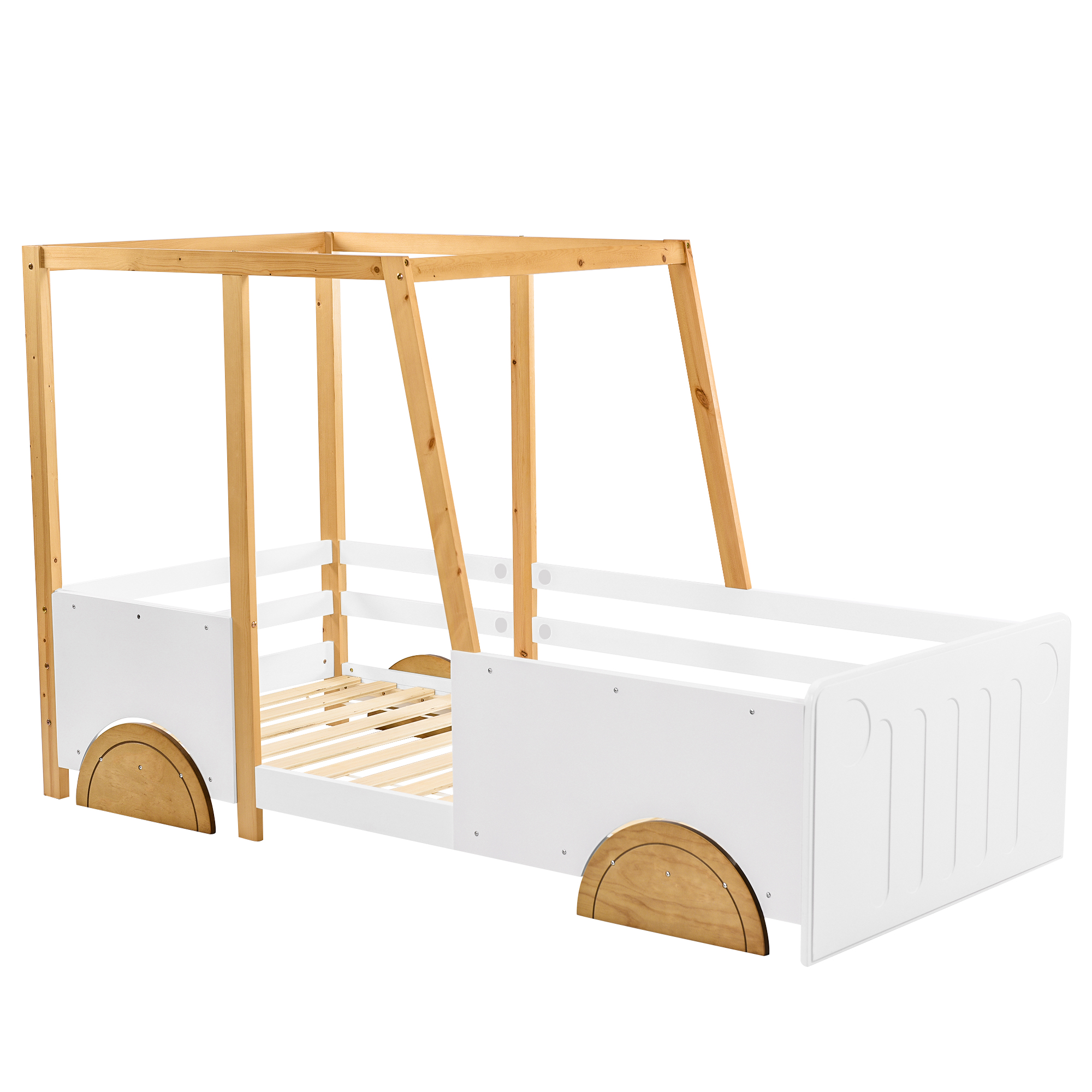 Lit enfant en forme de voiture, couleurs blanc/naturel/marron, autocollants vis, pour chambre d'enfant, design ludique, rêve automobile, sécurité renforcée, style charmant, stabilité, décoration, fonctionnalité - image 9