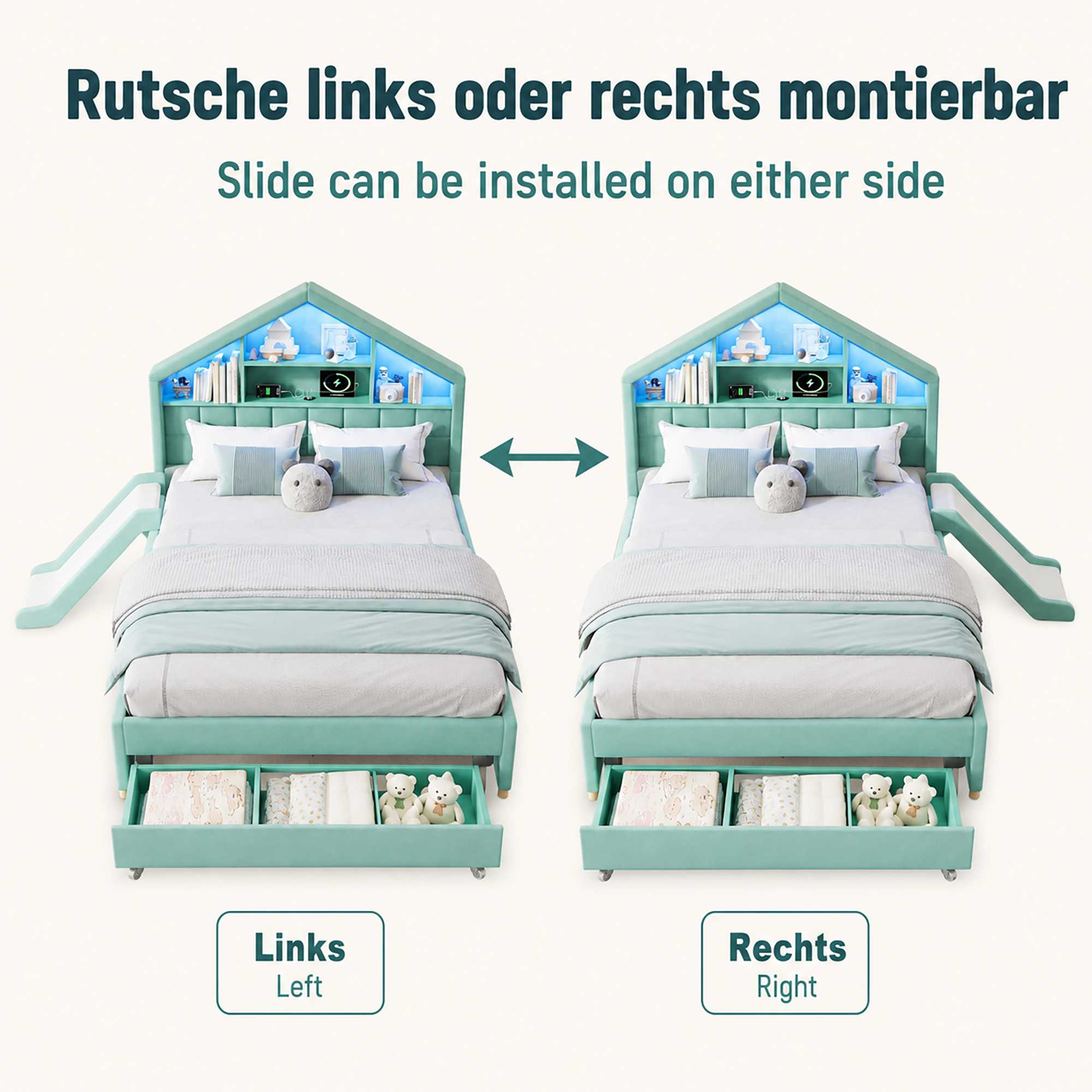 Lit cabane 140 x 200 cm avec échelle, toboggan, LED, ports de charge, velours, Bleu-vert - dimensions et détails
