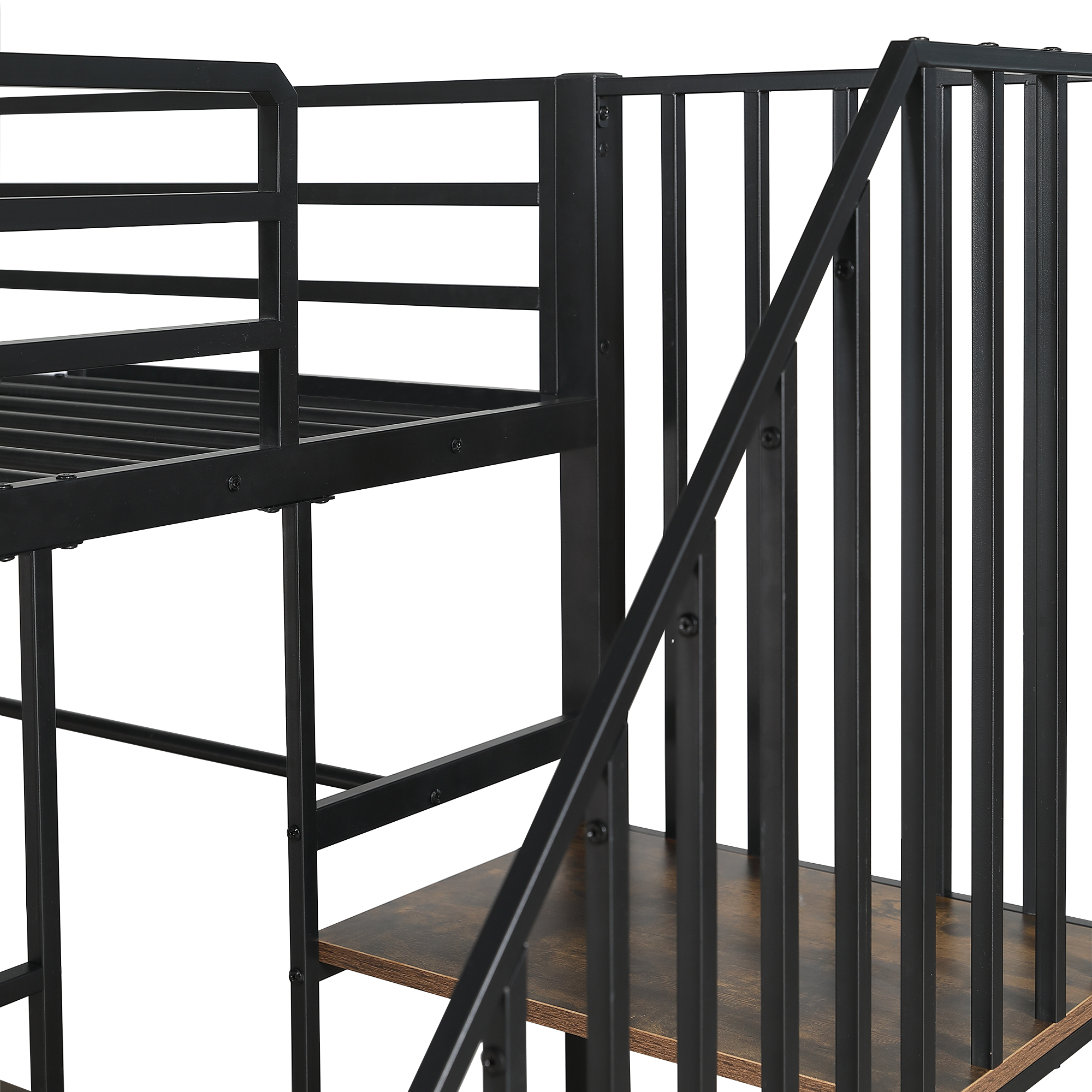 Lit mezzanine en fer avec bureau, étagères ouvertes, penderie ouverte latérale avec tringle, échelle-coffre 4 marches, pour chambre et étude, beaucoup de rangement, utilisation polyvalente, stabilité, fonctionnalité - image 25