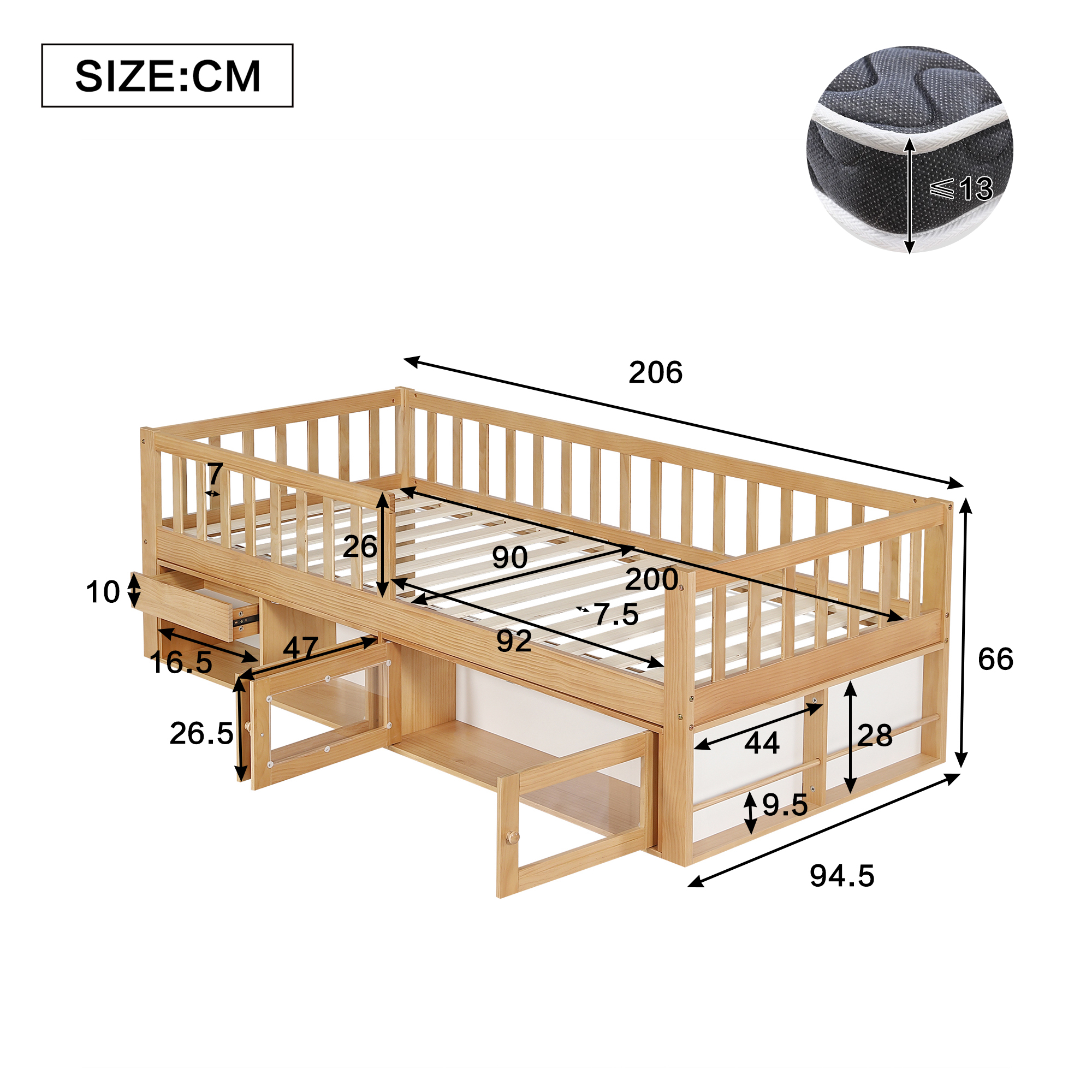 Dimensions lit enfant 90x200 cm 206x95x66