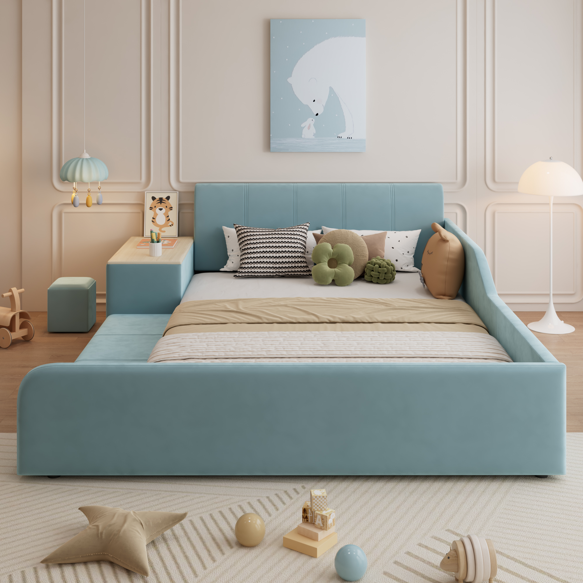 Polsterbett, Einzelbett mit Kinderschreibtisch und